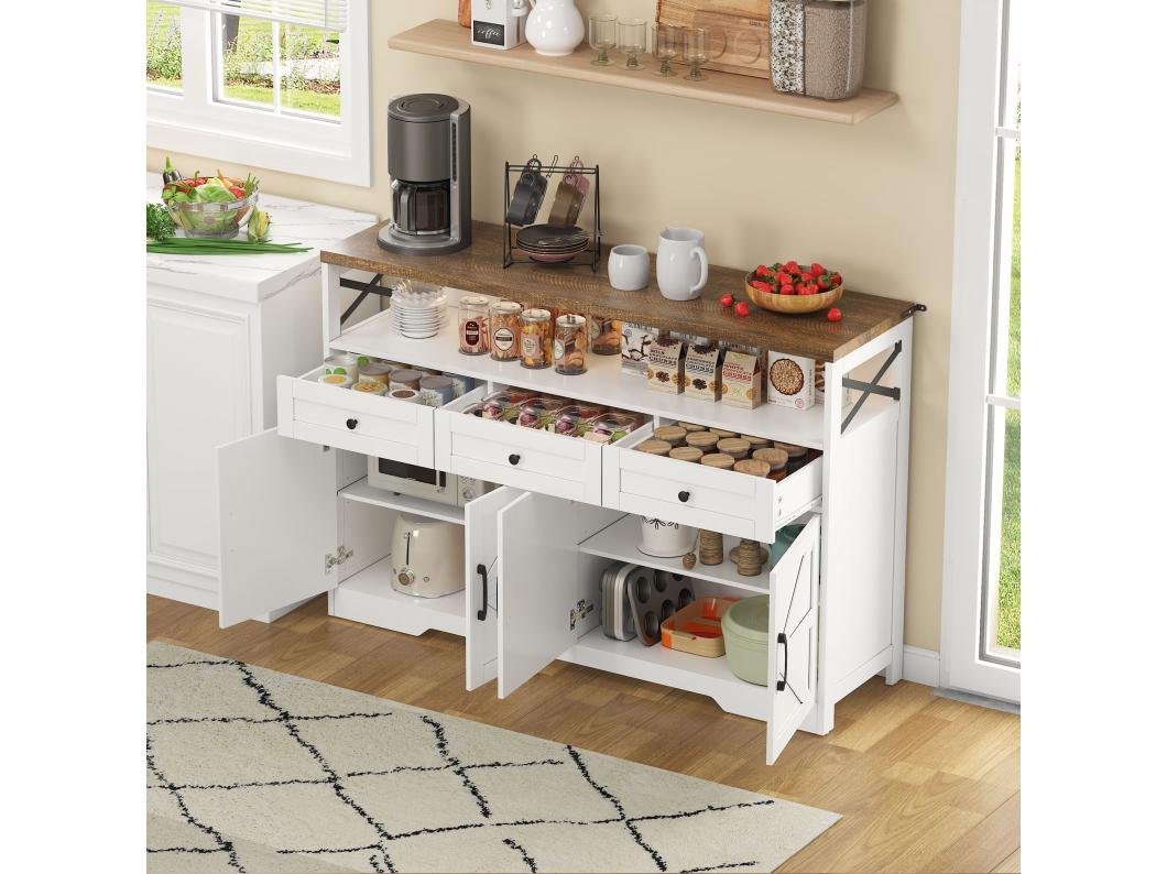 Credenza 140x35x95cm con 3 cassetti, 4 ante e 1 nicchia, piano in legno effetto marrone, corpo bianco
