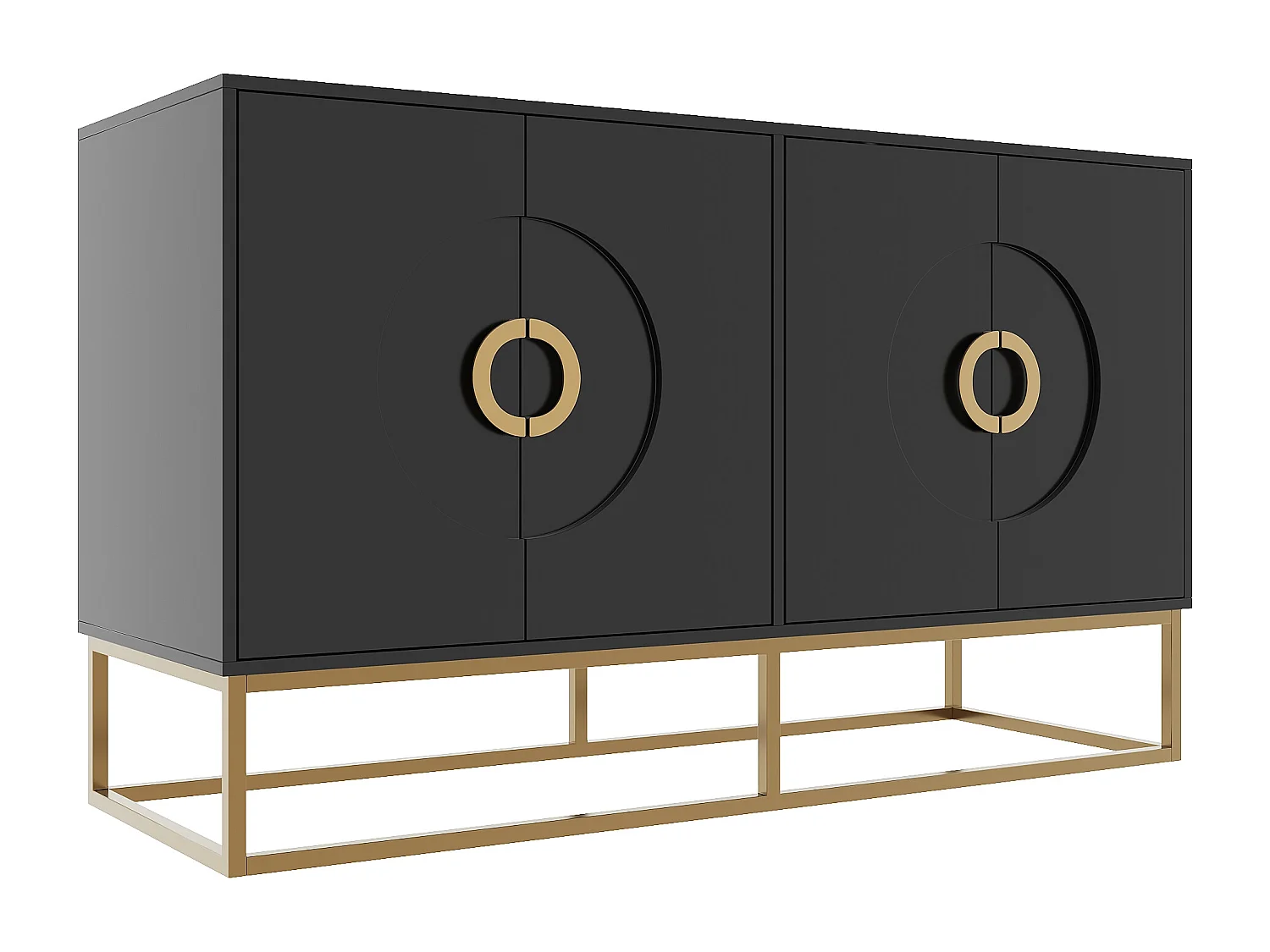 Buffet 140x40x83cm avec 4 portes, poignées et pieds en métal doré, corps en MDF noir