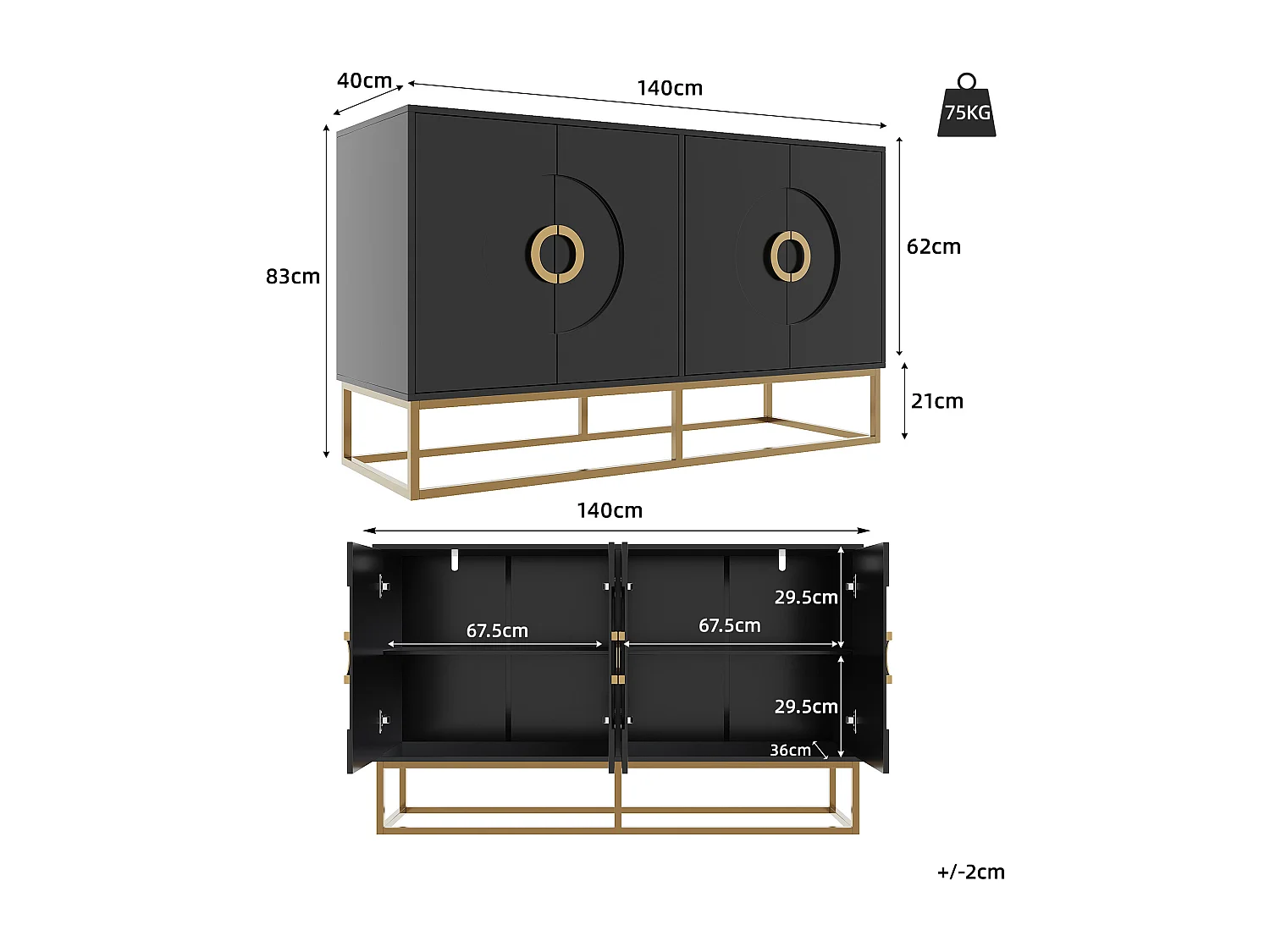 Buffet 140x40x83cm avec 4 portes, poignées et pieds en métal doré, corps en MDF noir