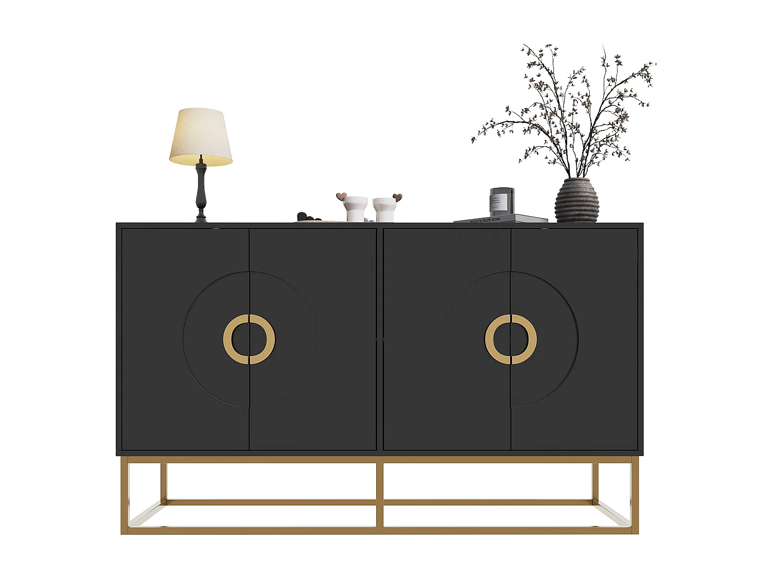 Buffet 140x40x83cm avec 4 portes, poignées et pieds en métal doré, corps en MDF noir