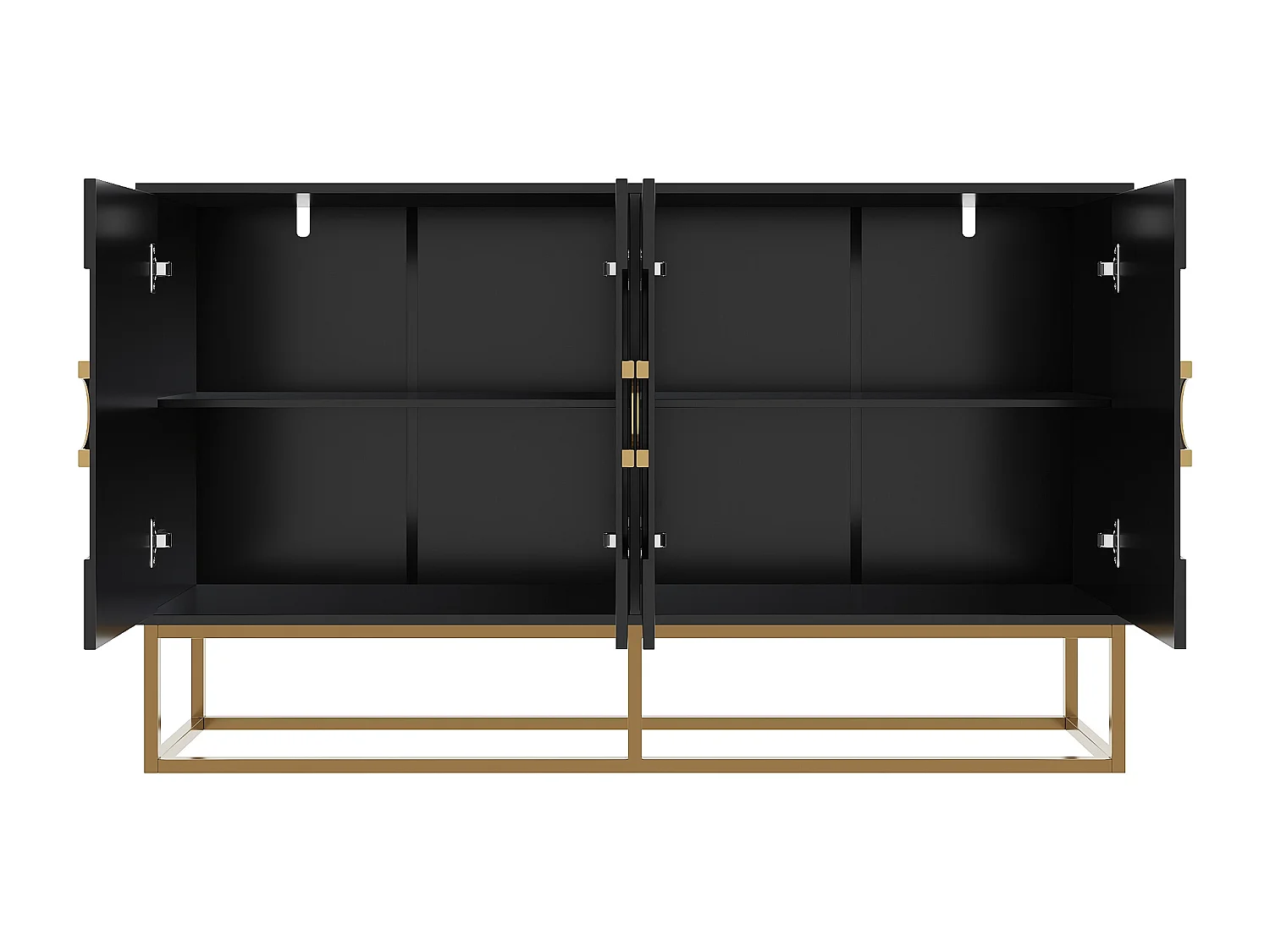 Buffet 140x40x83cm avec 4 portes, poignées et pieds en métal doré, corps en MDF noir