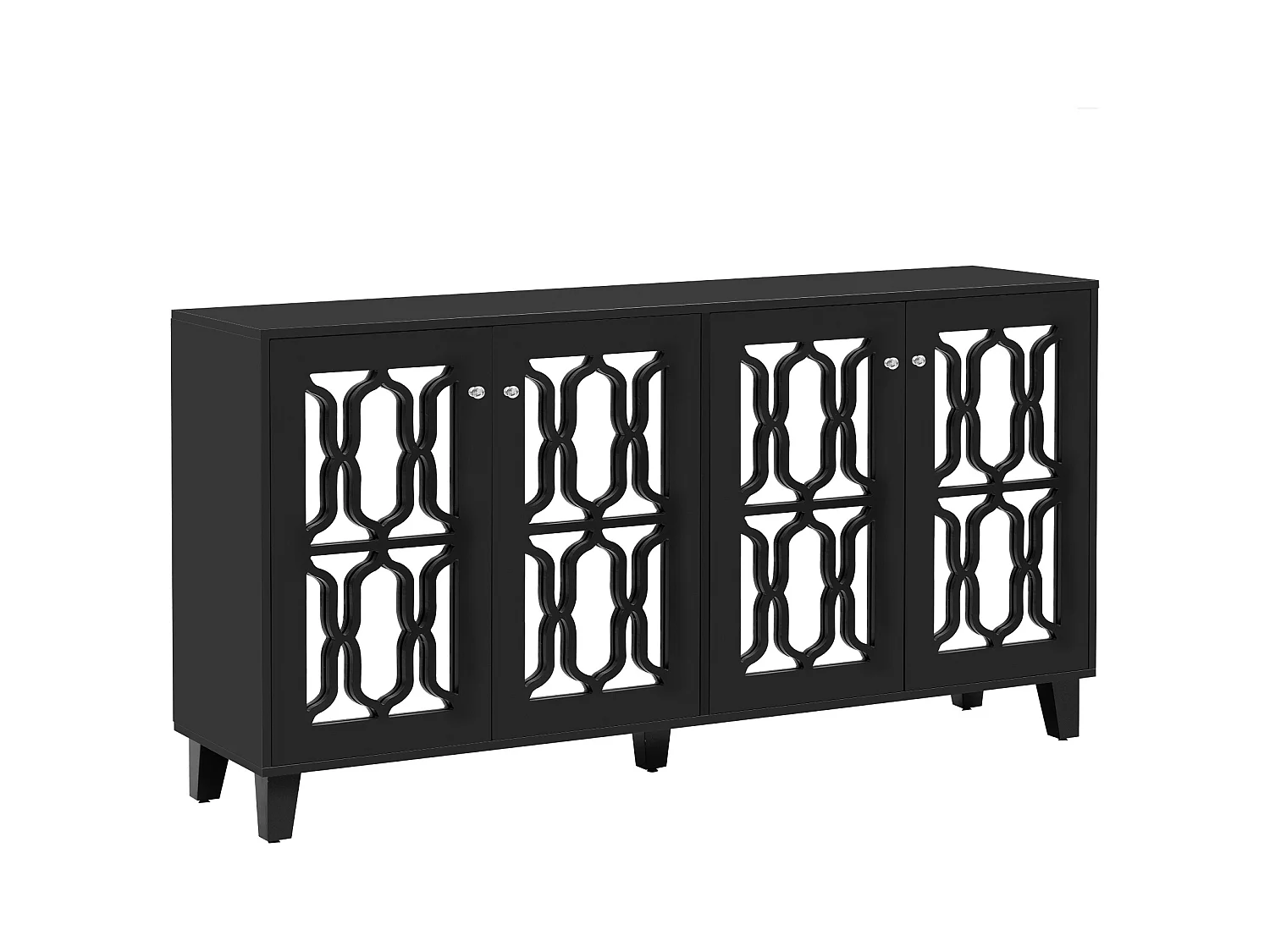 Buffet 160x40x84cm avec 4 portes en miroir, corps en noir laqué