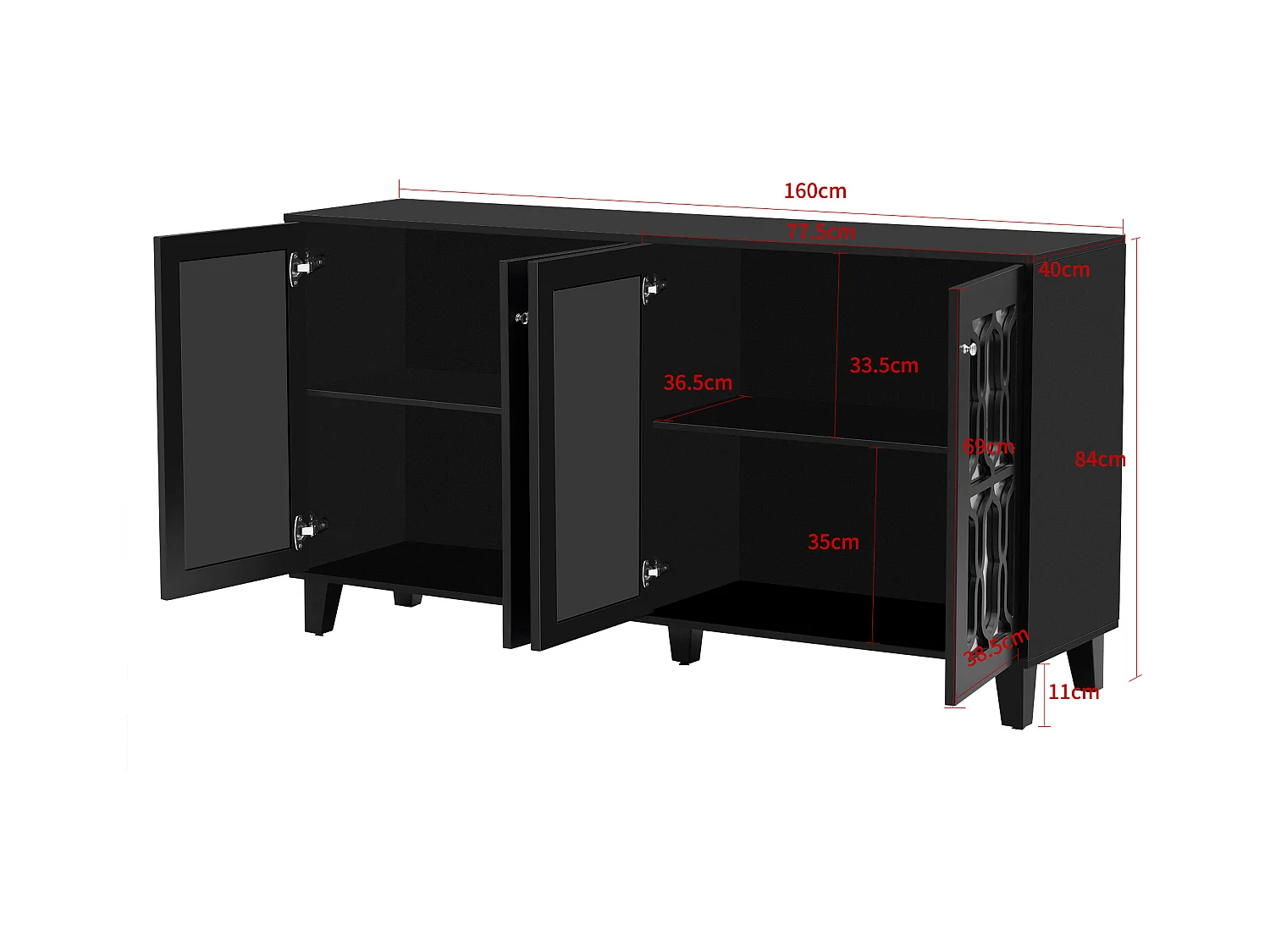 Buffet 160x40x84cm avec 4 portes en miroir, corps en noir laqué