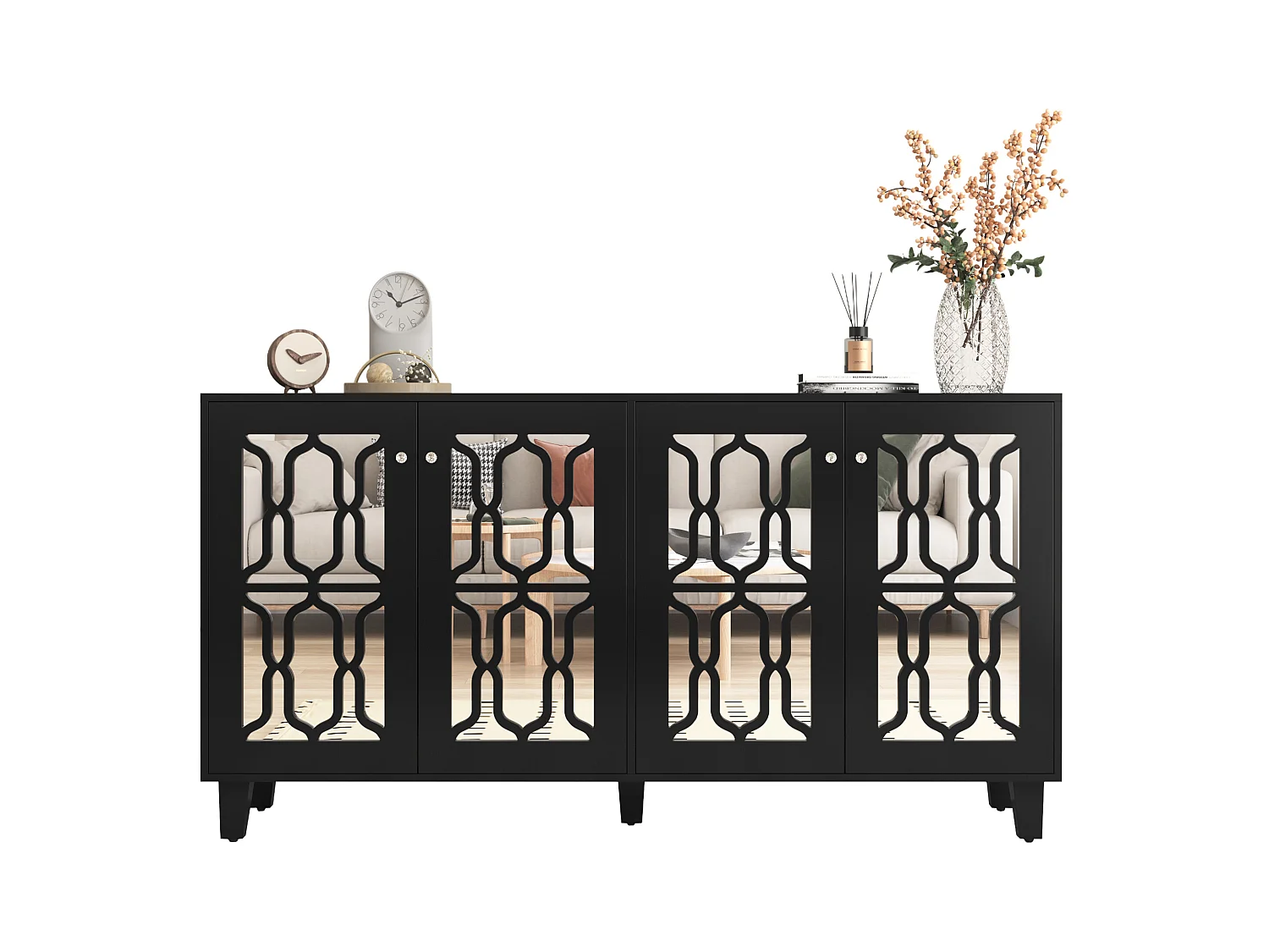 Buffet 160x40x84cm avec 4 portes en miroir, corps en noir laqué