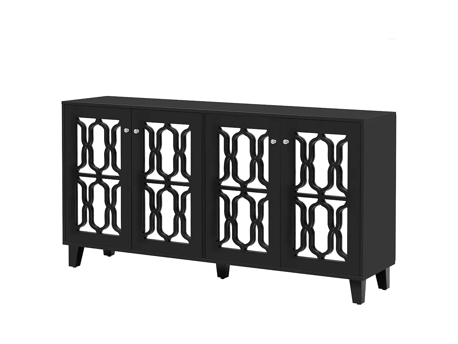 Buffet 160x40x84cm avec 4 portes en miroir, corps en noir laqué