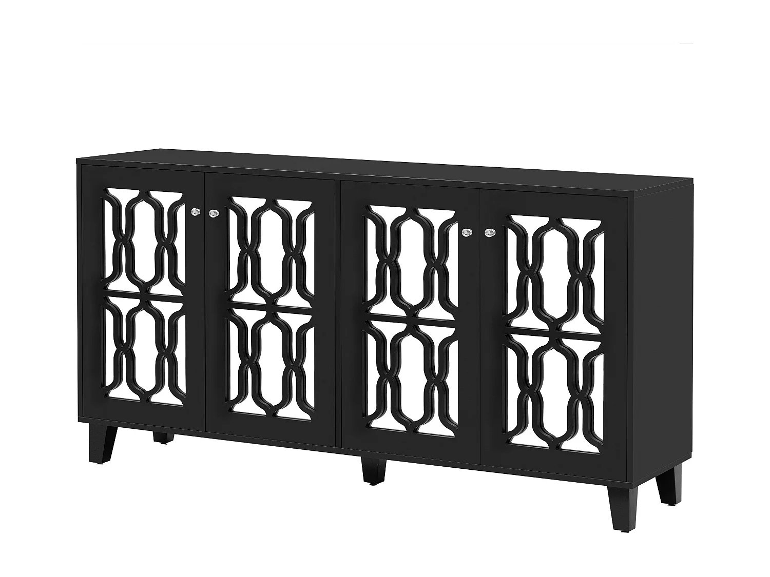 Buffet 160x40x84cm avec 4 portes en miroir, corps en noir laqué