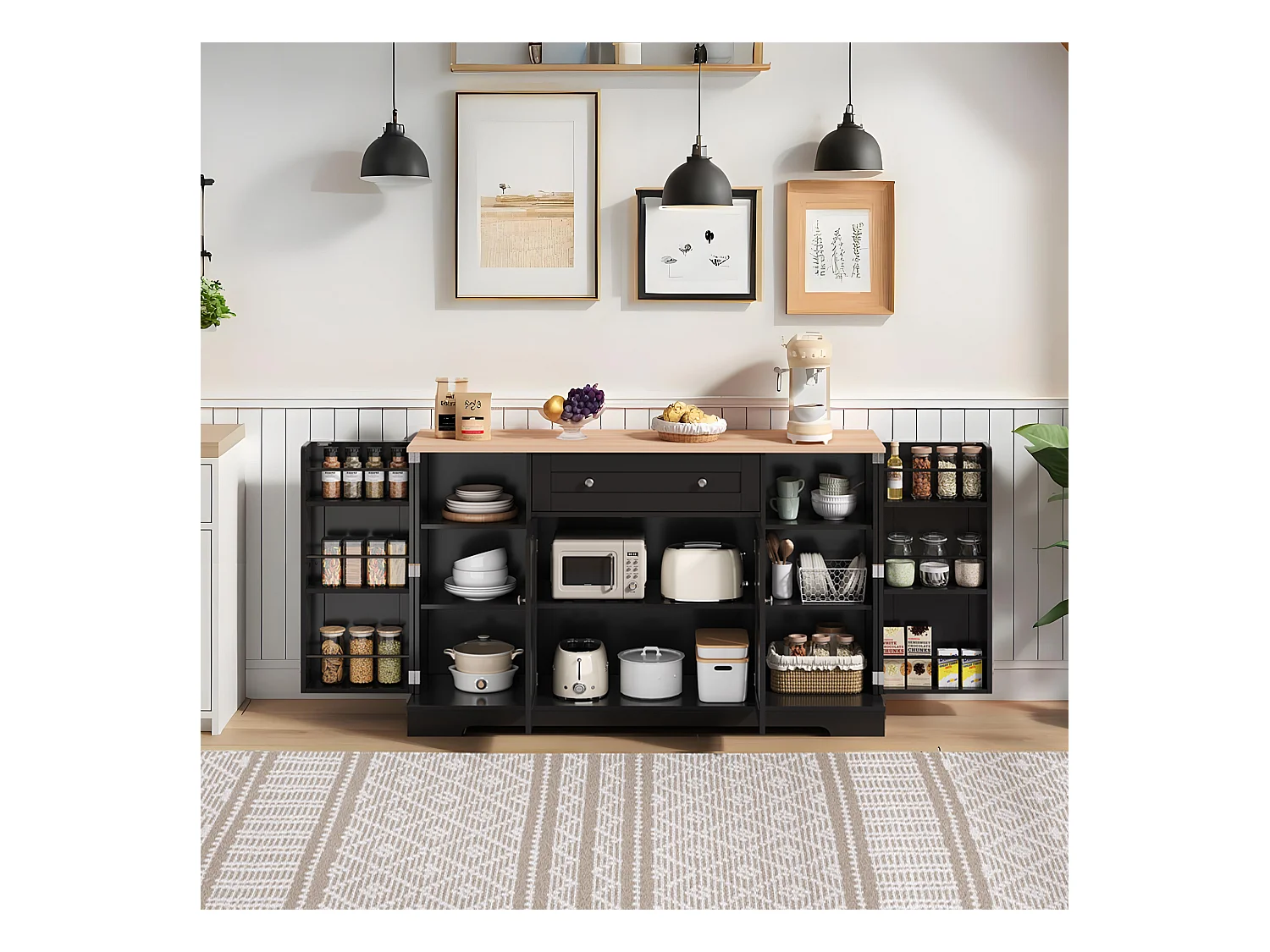 Buffet de cuisine 138x40x85cm avec 4 portes et 1 tiroir, plateau en woodgrain naturel, corps noir