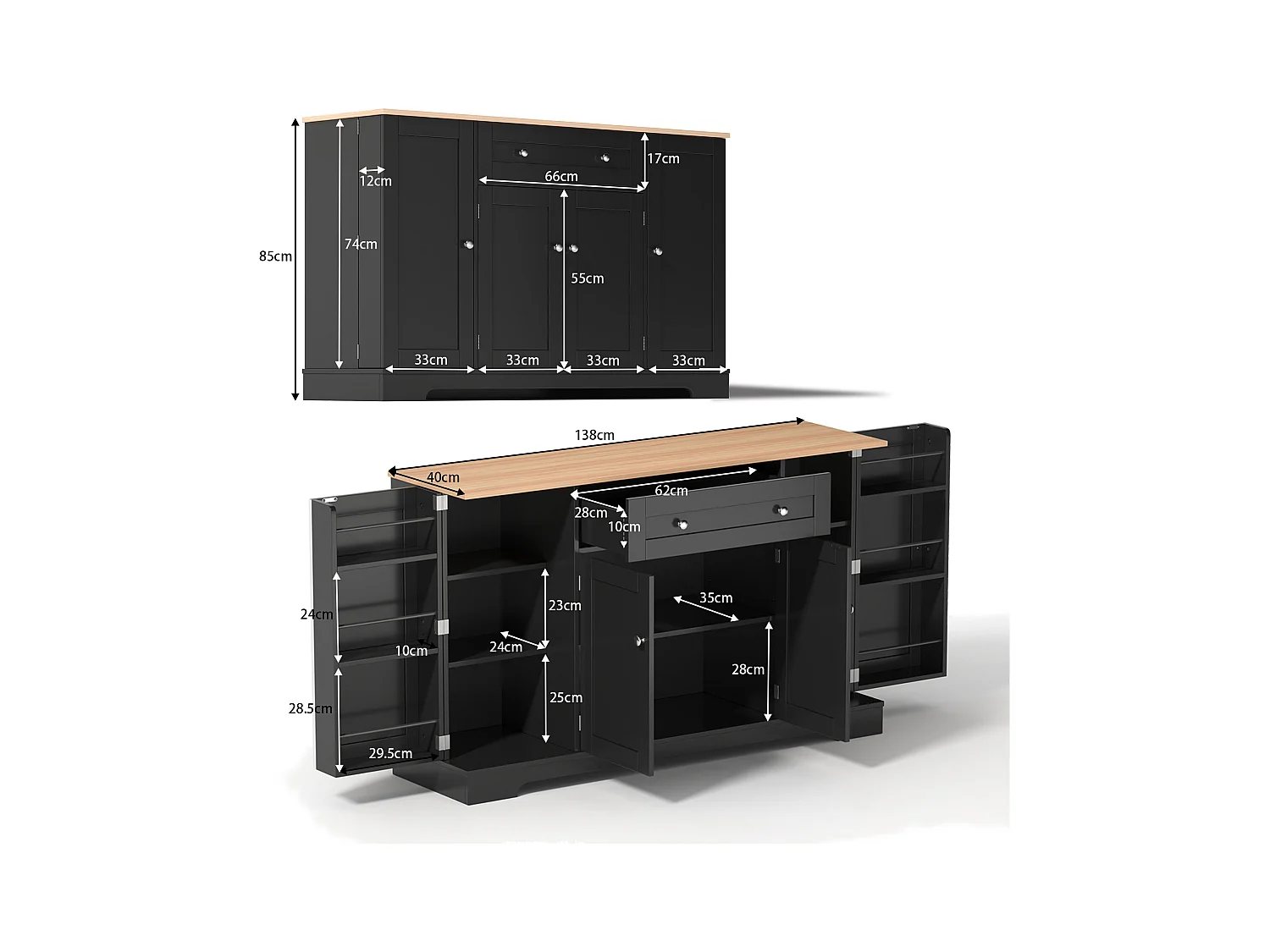 Buffet de cuisine 138x40x85cm avec 4 portes et 1 tiroir, plateau en woodgrain naturel, corps noir