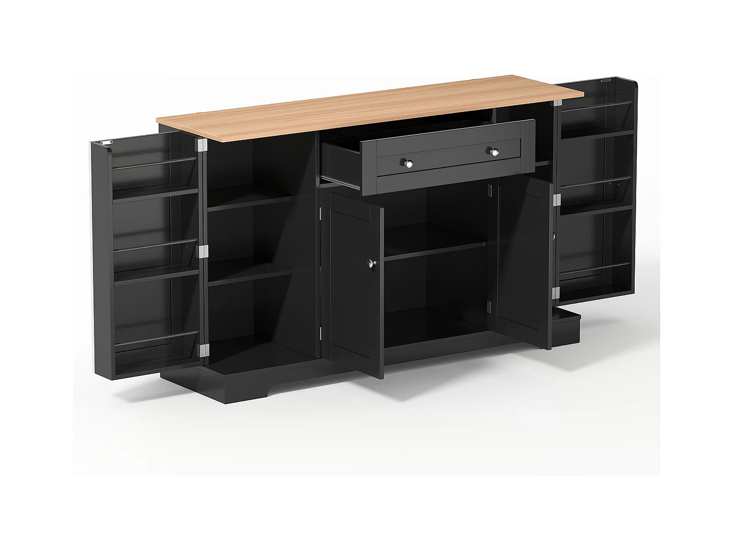 Buffet de cuisine 138x40x85cm avec 4 portes et 1 tiroir, plateau en woodgrain naturel, corps noir