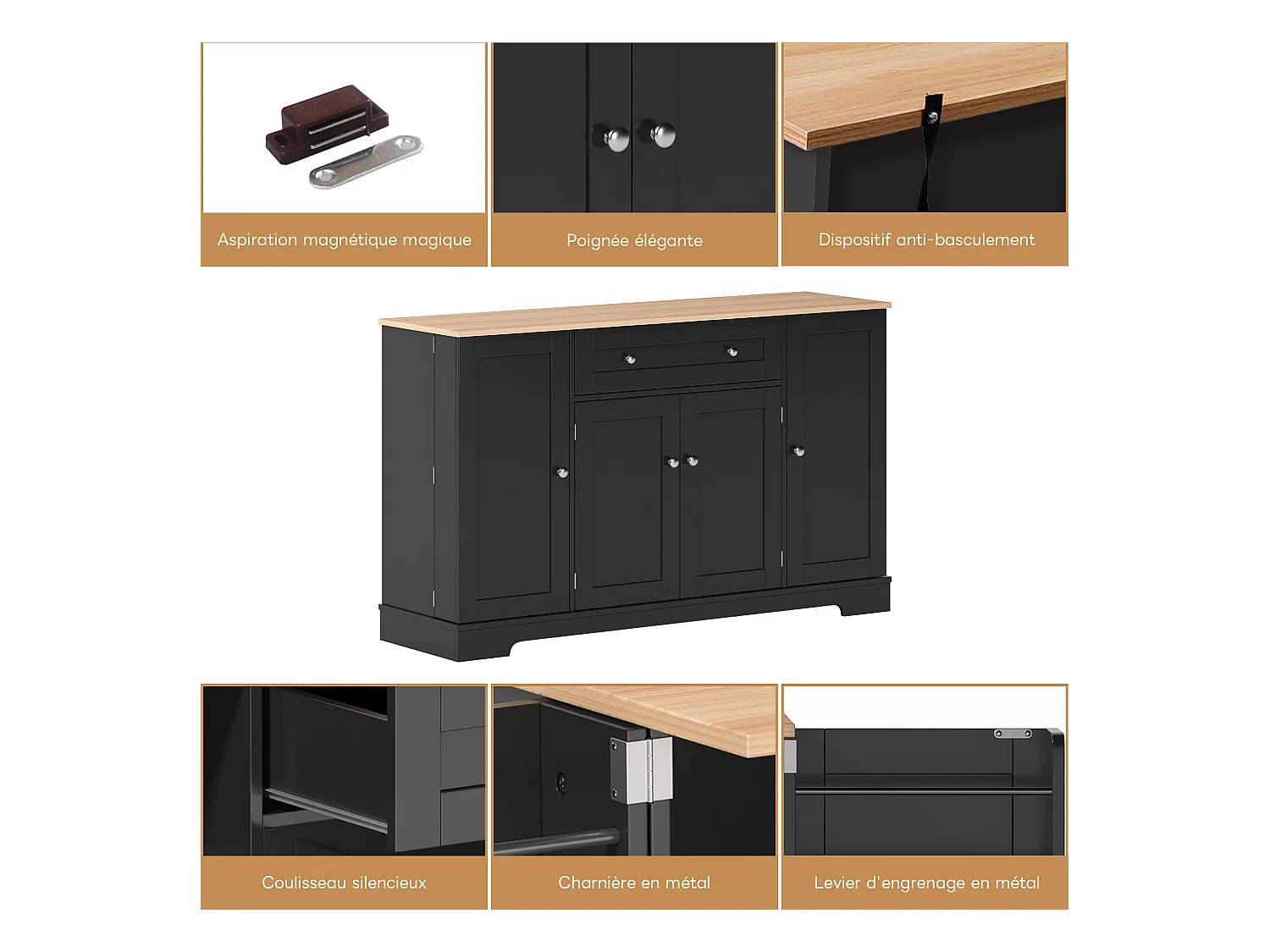 Buffet de cuisine 138x40x85cm avec 4 portes et 1 tiroir, plateau en woodgrain naturel, corps noir