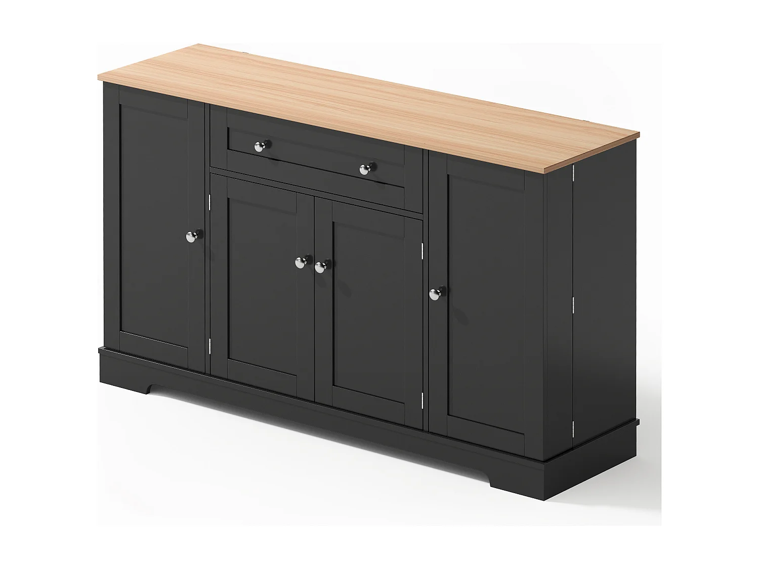 Aparador de cozinha 138x40x85cm com 4 portas e 1 gaveta, tampo em madeira natural, corpo preto