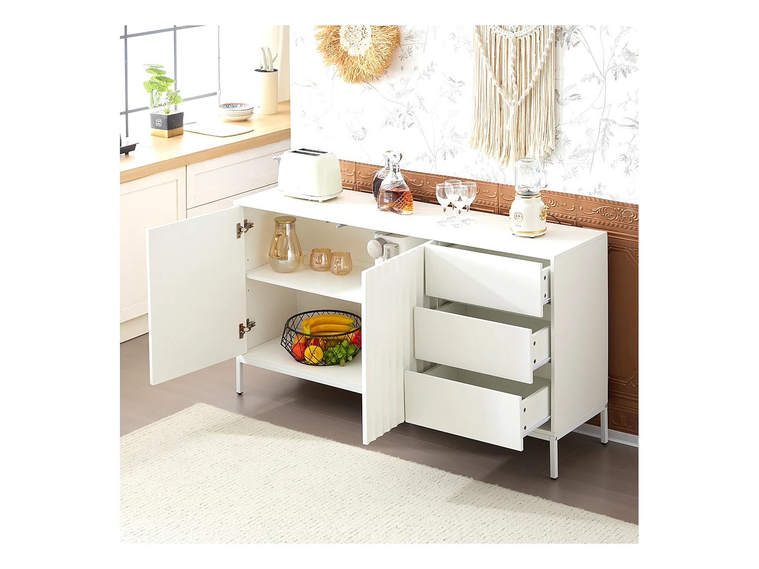 Aparador 150x40x79cm con 3 cajones y 2 puertas sin tiradores, cuerpo blanco