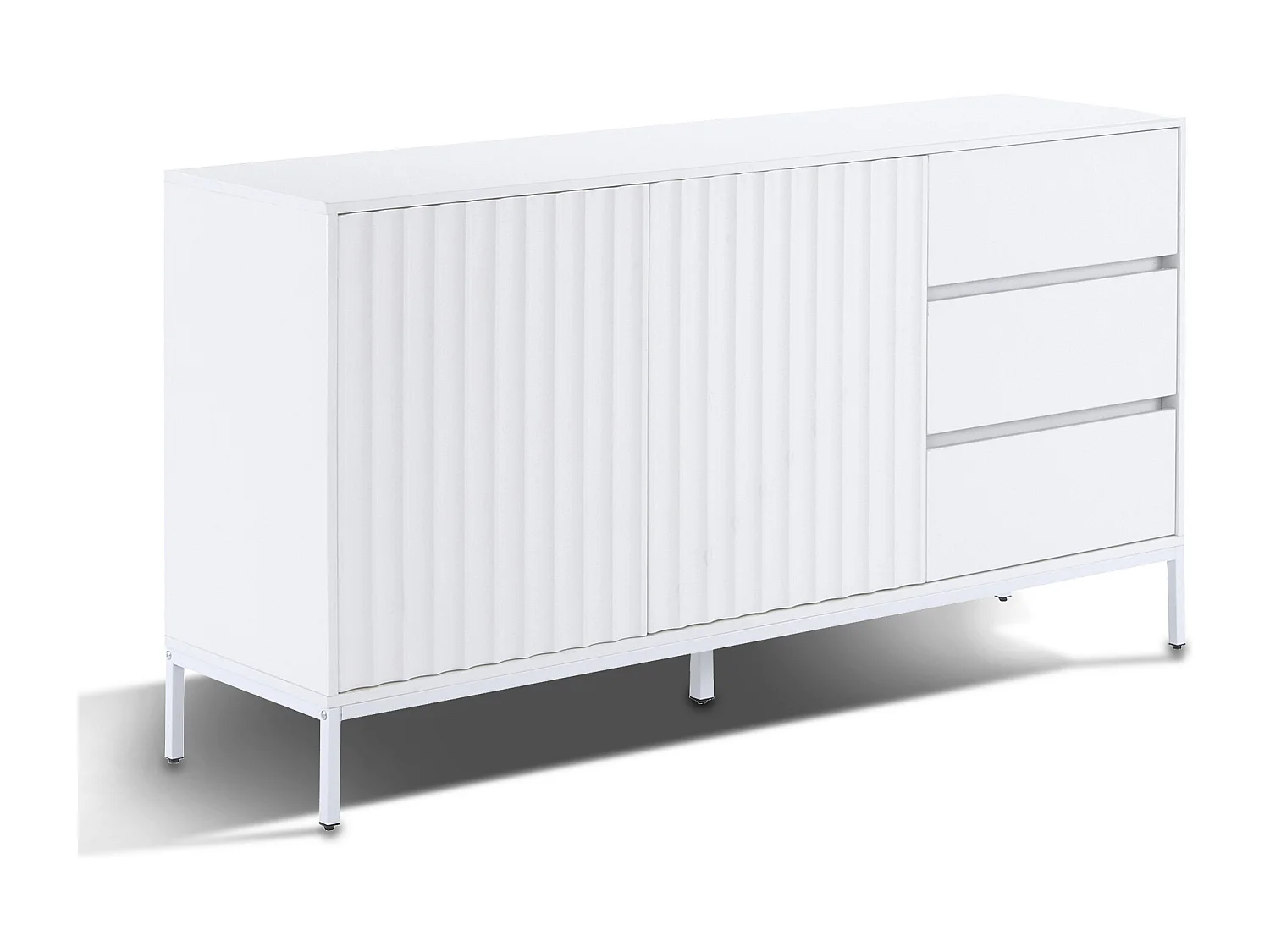 Buffet 150x40x79cm avec 3 tiroirs et 2 porte sans poignées, corps blanc
