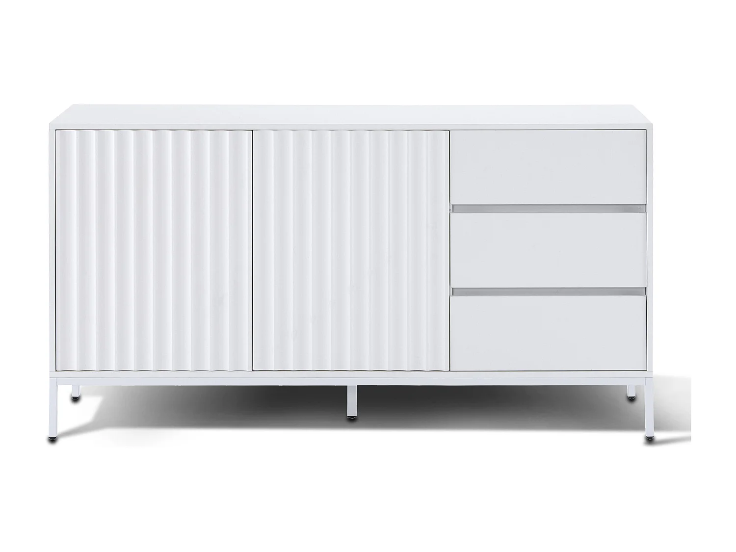 Buffet 150x40x79cm avec 3 tiroirs et 2 porte sans poignées, corps blanc