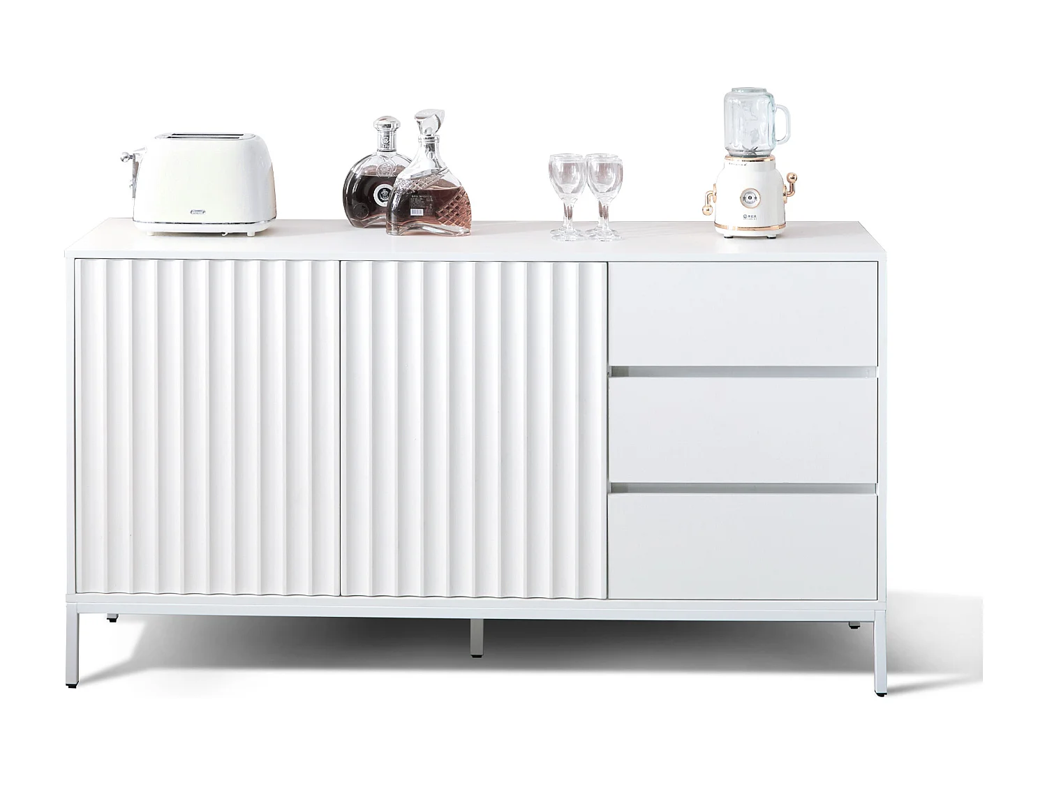 Buffet 150x40x79cm avec 3 tiroirs et 2 porte sans poignées, corps blanc