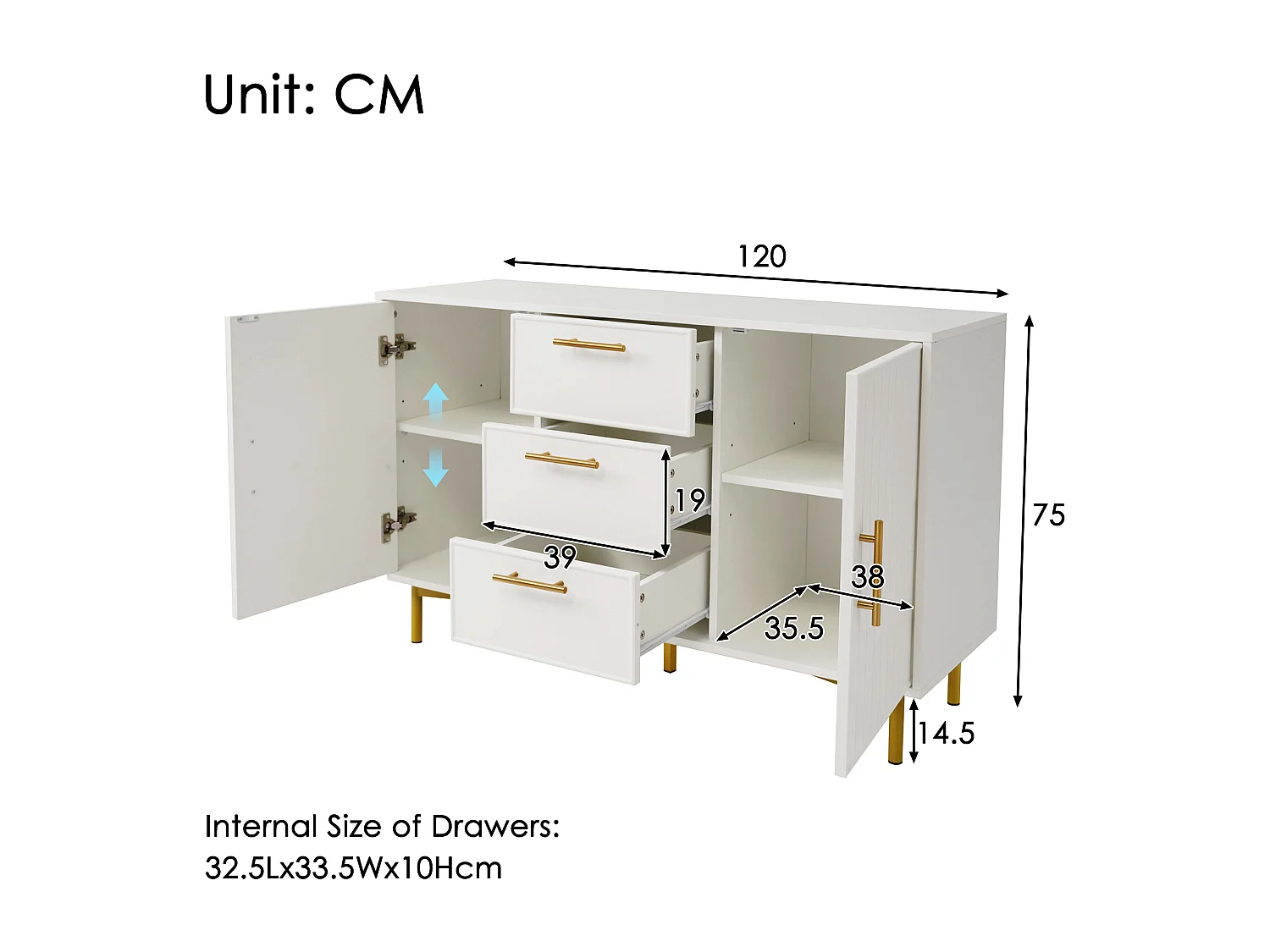 Aparador 120x40x75,5cm com 3 gavetas e 2 portas, pés e puxadores dourados, corpo branco