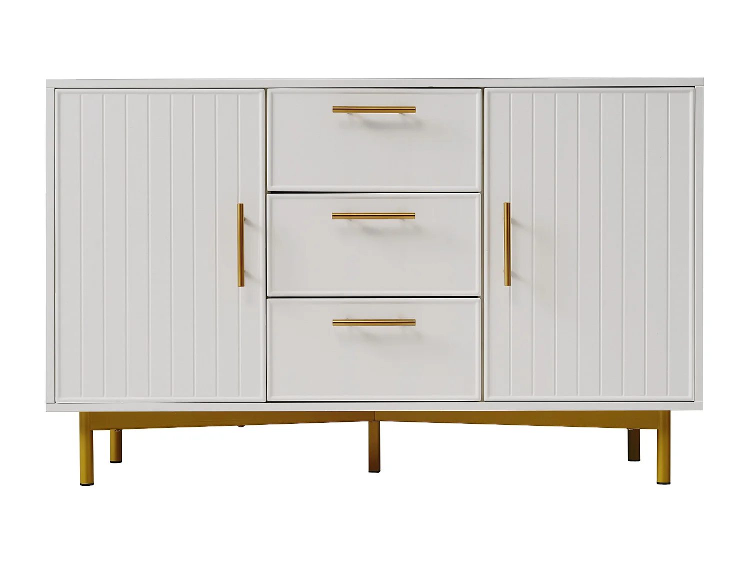 Aparador 120x40x75,5cm com 3 gavetas e 2 portas, pés e puxadores dourados, corpo branco