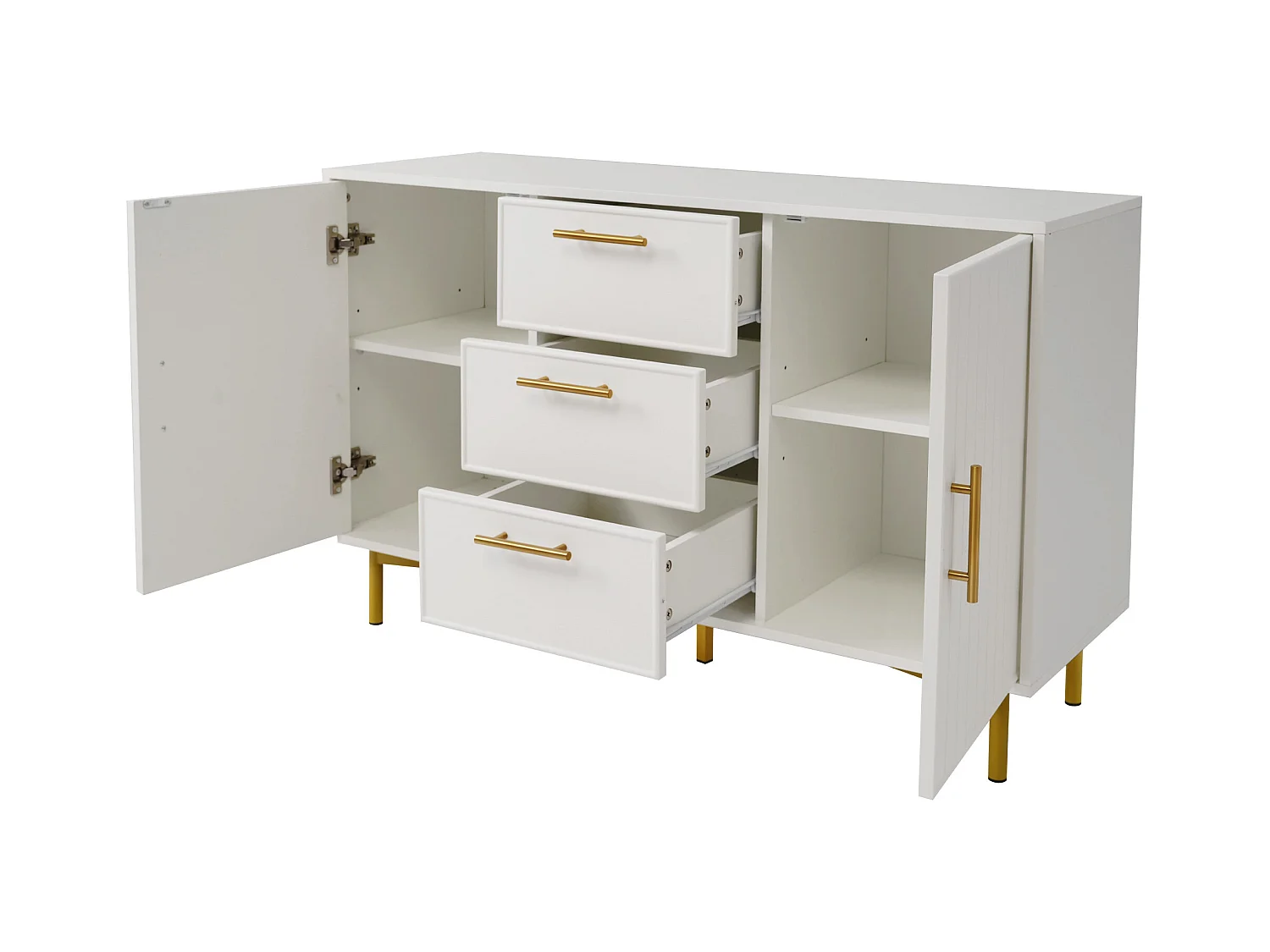 Aparador 120x40x75,5cm com 3 gavetas e 2 portas, pés e puxadores dourados, corpo branco