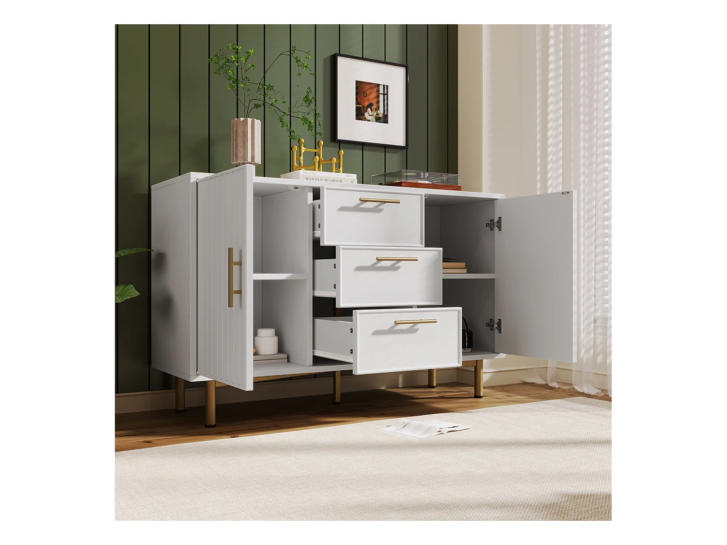 Aparador 120x40x75,5cm com 3 gavetas e 2 portas, pés e puxadores dourados, corpo branco