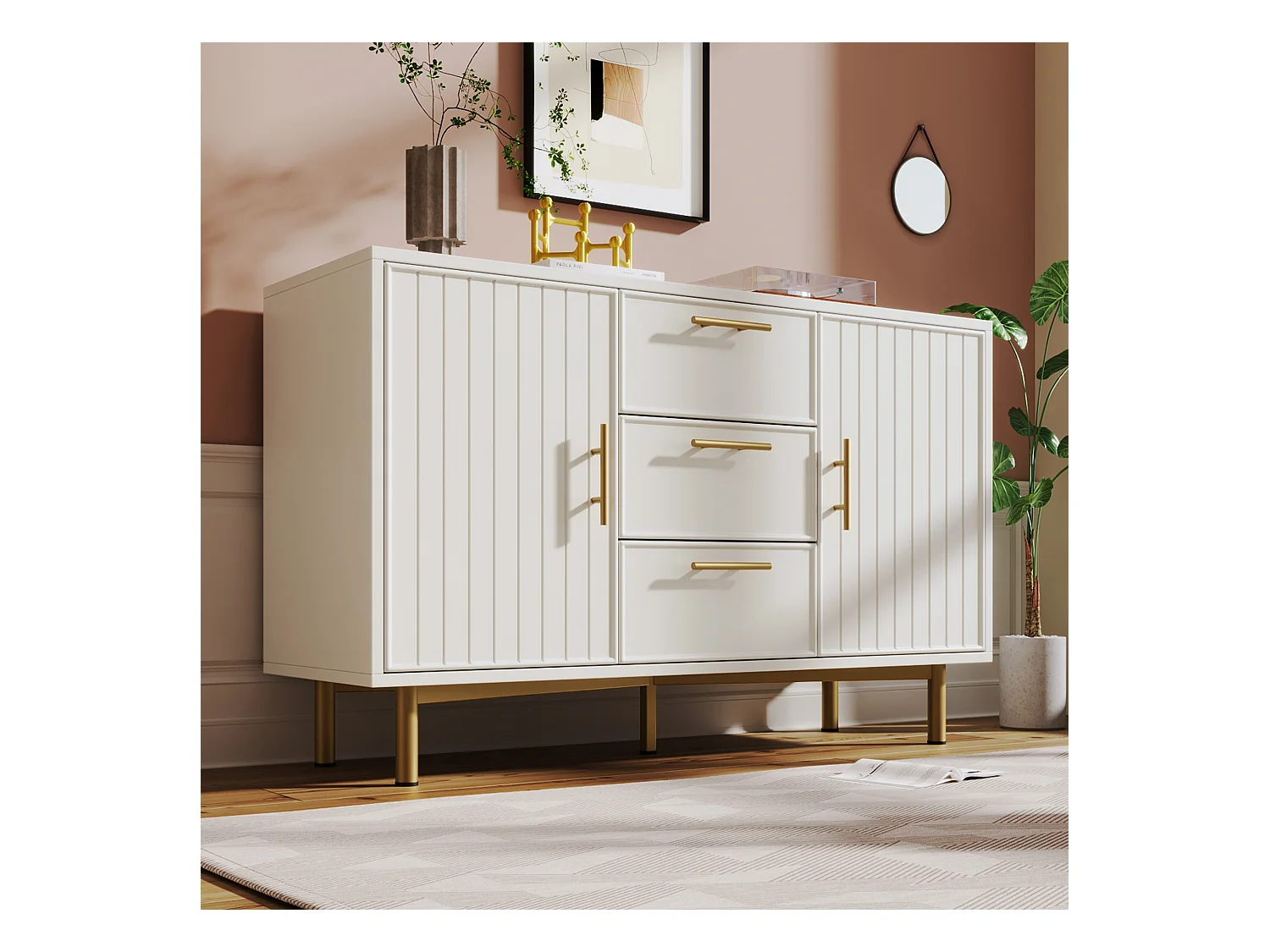 Aparador 120x40x75,5cm com 3 gavetas e 2 portas, pés e puxadores dourados, corpo branco