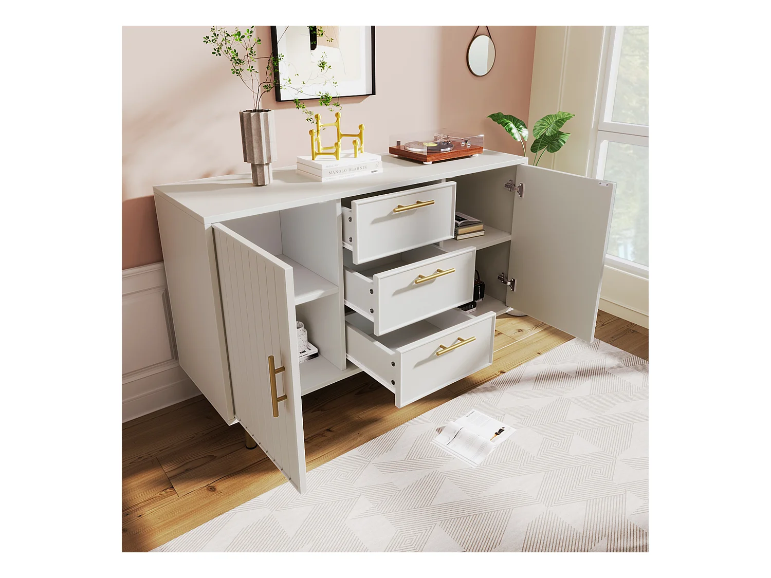 Buffet 120x40x75.5cm avec 3 tiroirs et 2 portes, pieds et poignées dorées, corps blanc