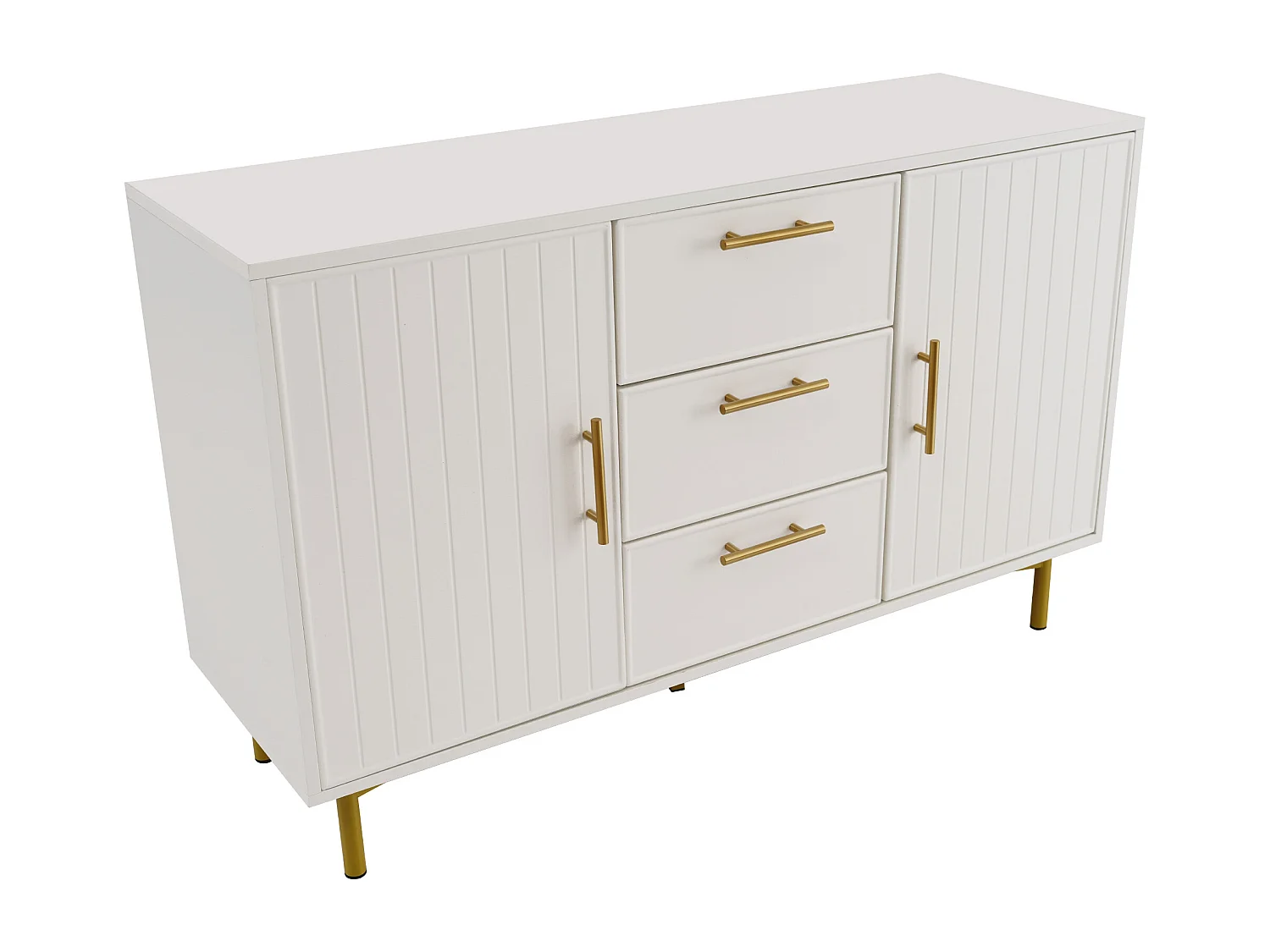Buffet 120x40x75.5cm avec 3 tiroirs et 2 portes, pieds et poignées dorées, corps blanc