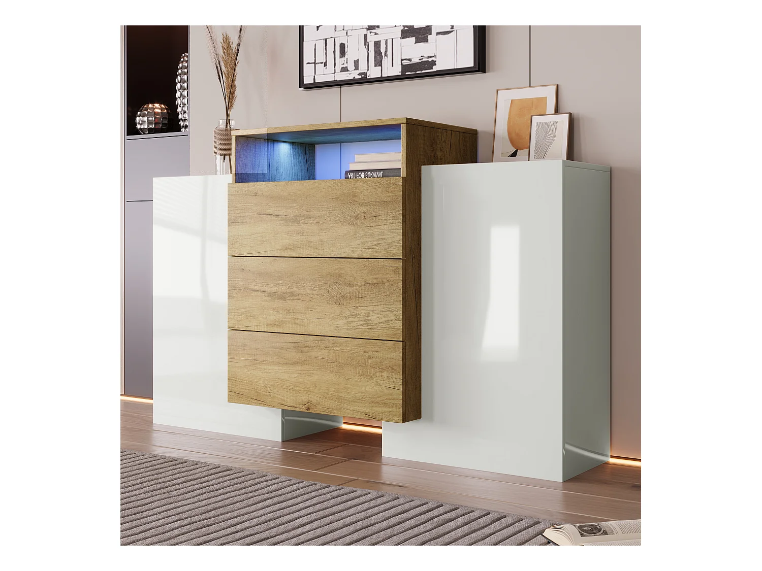 Buffet 140x37.5x90.5cm avec 3 tiroirs et 2 portes,1 niche avec LED, corps en placage bois et blanc