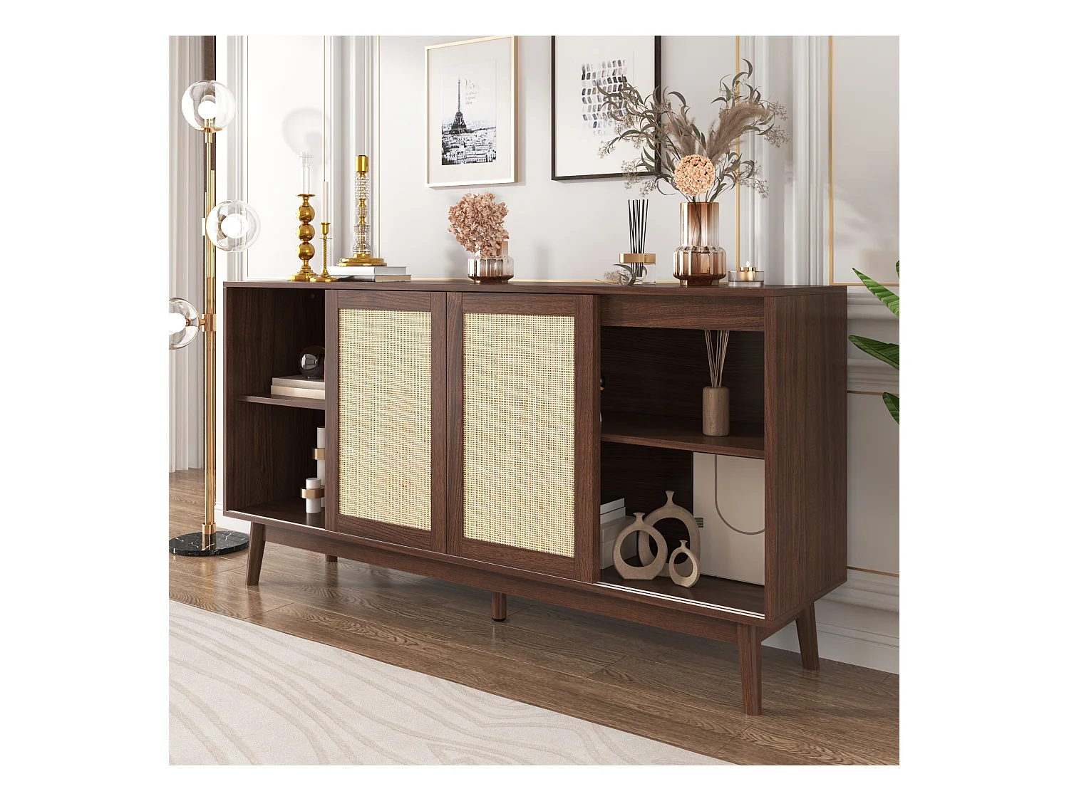 Buffet 155x38x80cm avec 3 portes coulissants en rotin et 2 tiroirs, corps en placage woodgrain marron