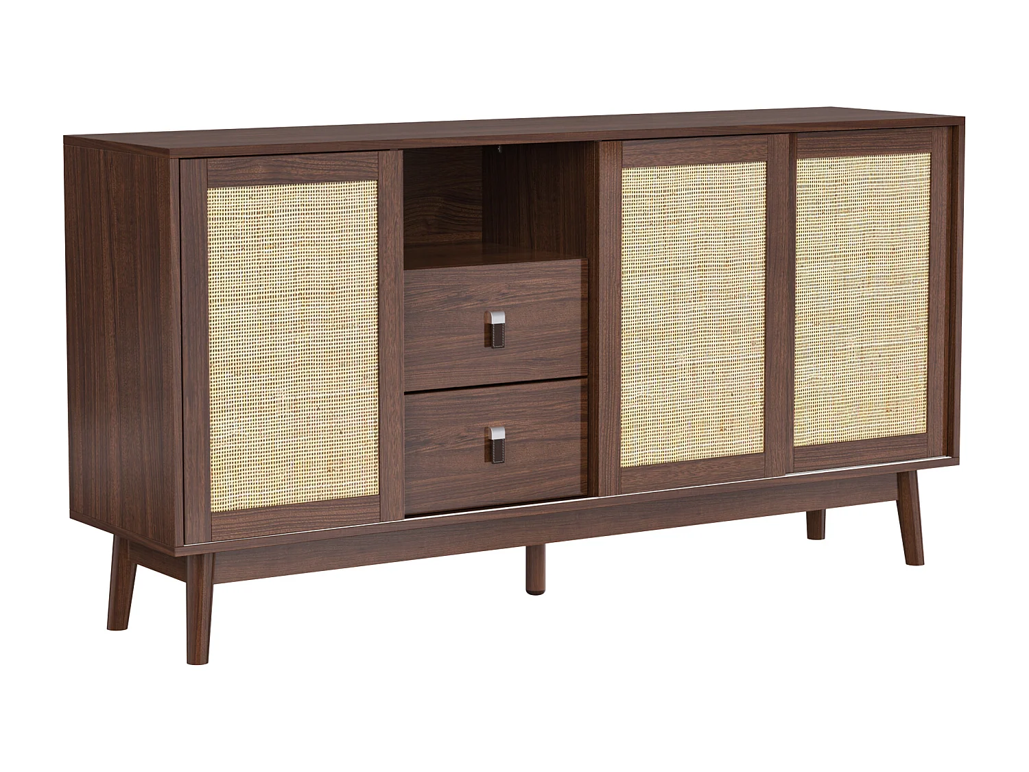 Buffet 155x38x80cm avec 3 portes coulissants en rotin et 2 tiroirs, corps en placage woodgrain marron