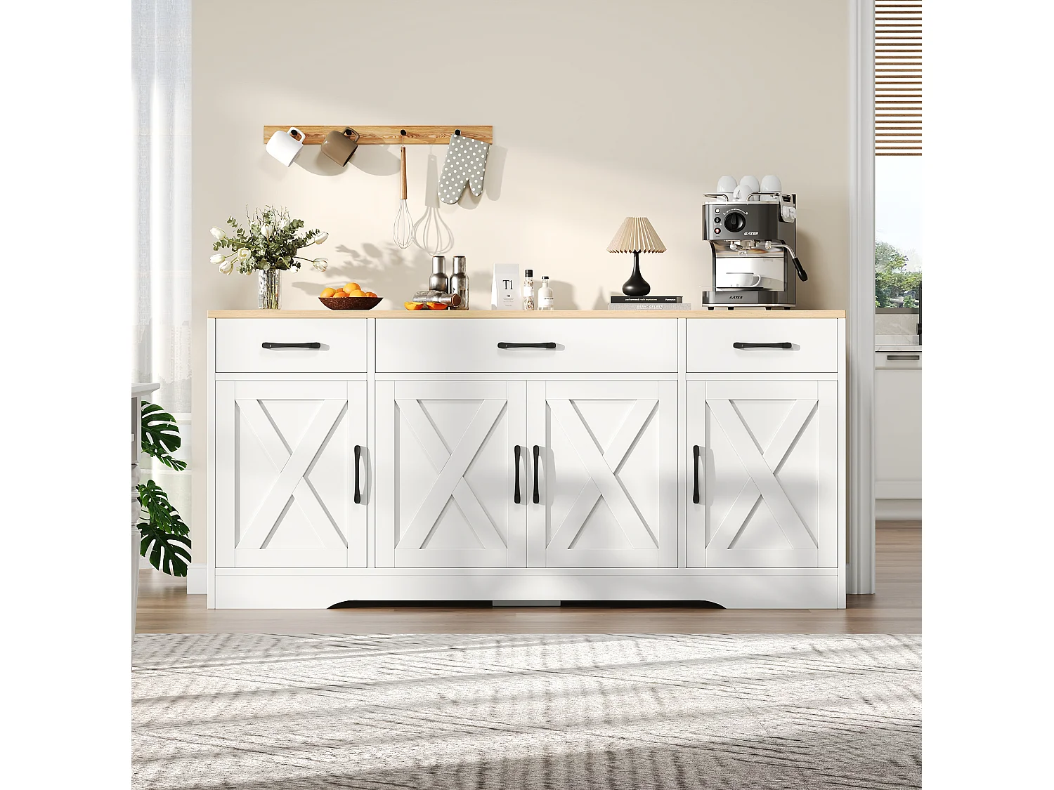 Buffet de cuisine 160x37x75cm avec 3 tiroirs et 4 portes, poignées noirs, blanc et naturel clair