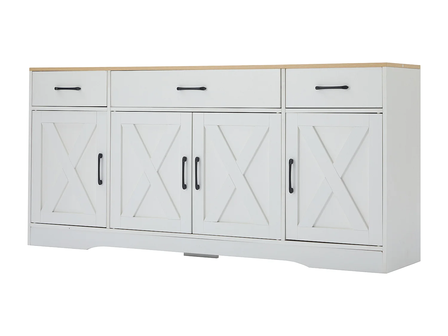 Buffet de cuisine 160x37x75cm avec 3 tiroirs et 4 portes, poignées noirs, blanc et naturel clair