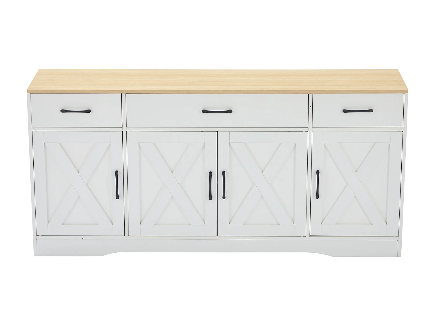 Buffet de cuisine 160x37x75cm avec 3 tiroirs et 4 portes, poignées noirs, blanc et naturel clair