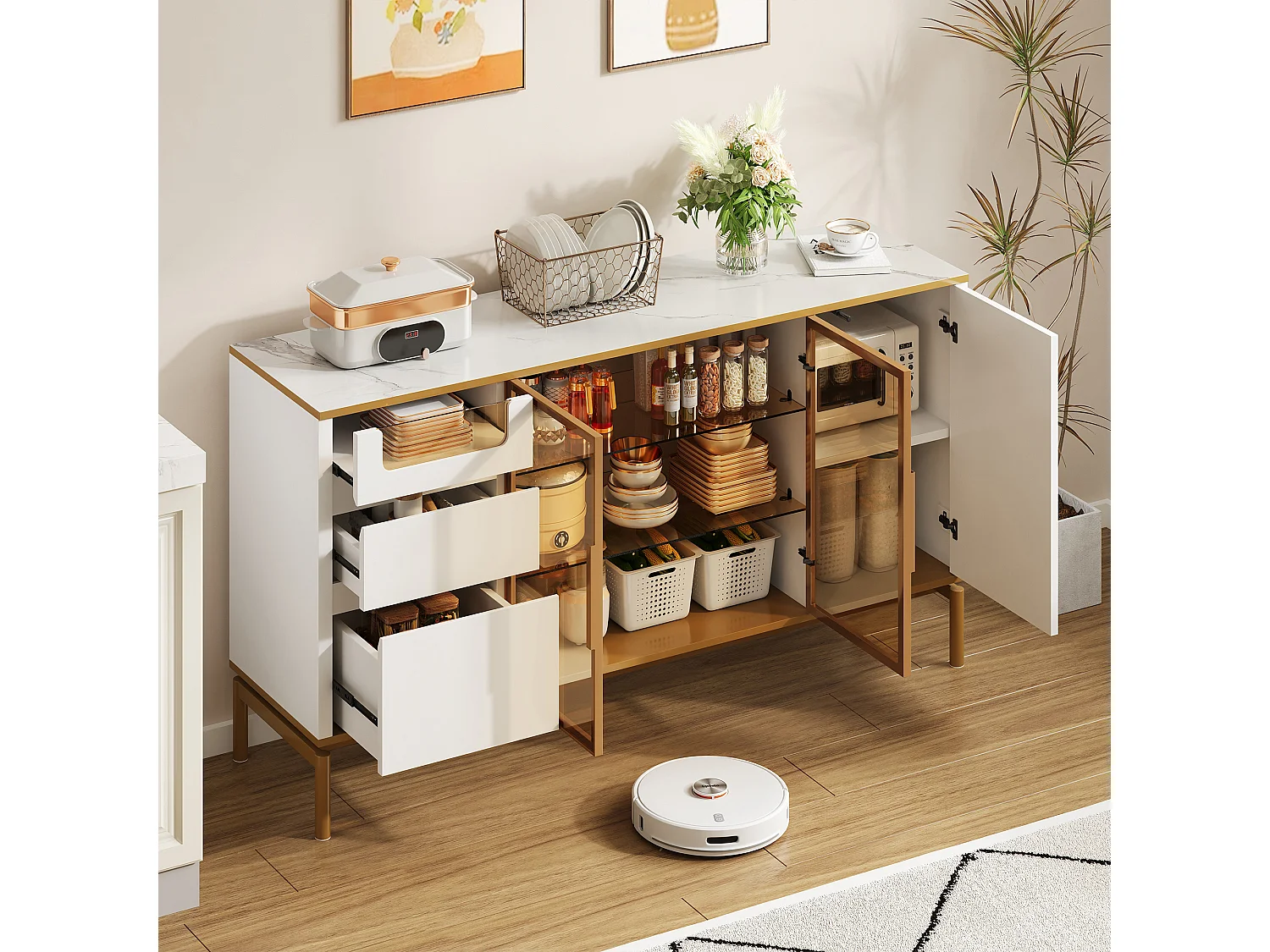 Buffet blanc 150x40x82cm avec 3 tiroirs, 2 portes en verre et 1 portes en MDF, plateau en placage marbre