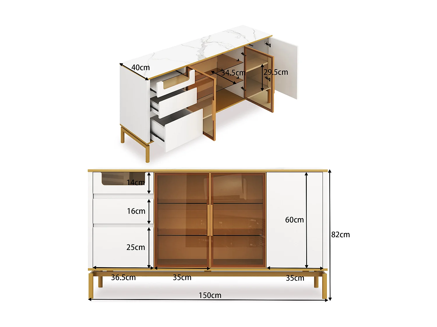 Buffet blanc 150x40x82cm avec 3 tiroirs, 2 portes en verre et 1 portes en MDF, plateau en placage marbre