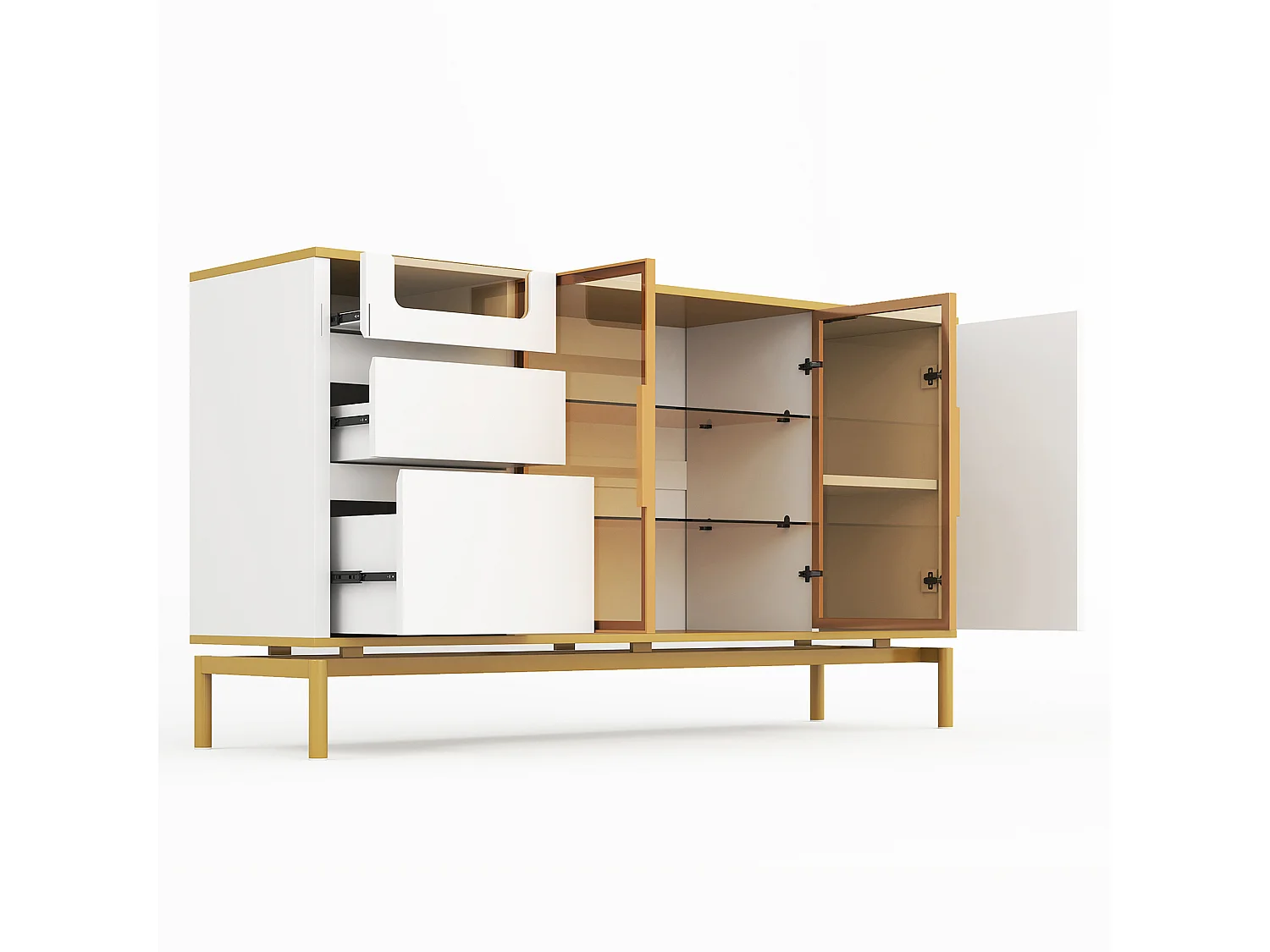 Buffet blanc 150x40x82cm avec 3 tiroirs, 2 portes en verre et 1 portes en MDF, plateau en placage marbre