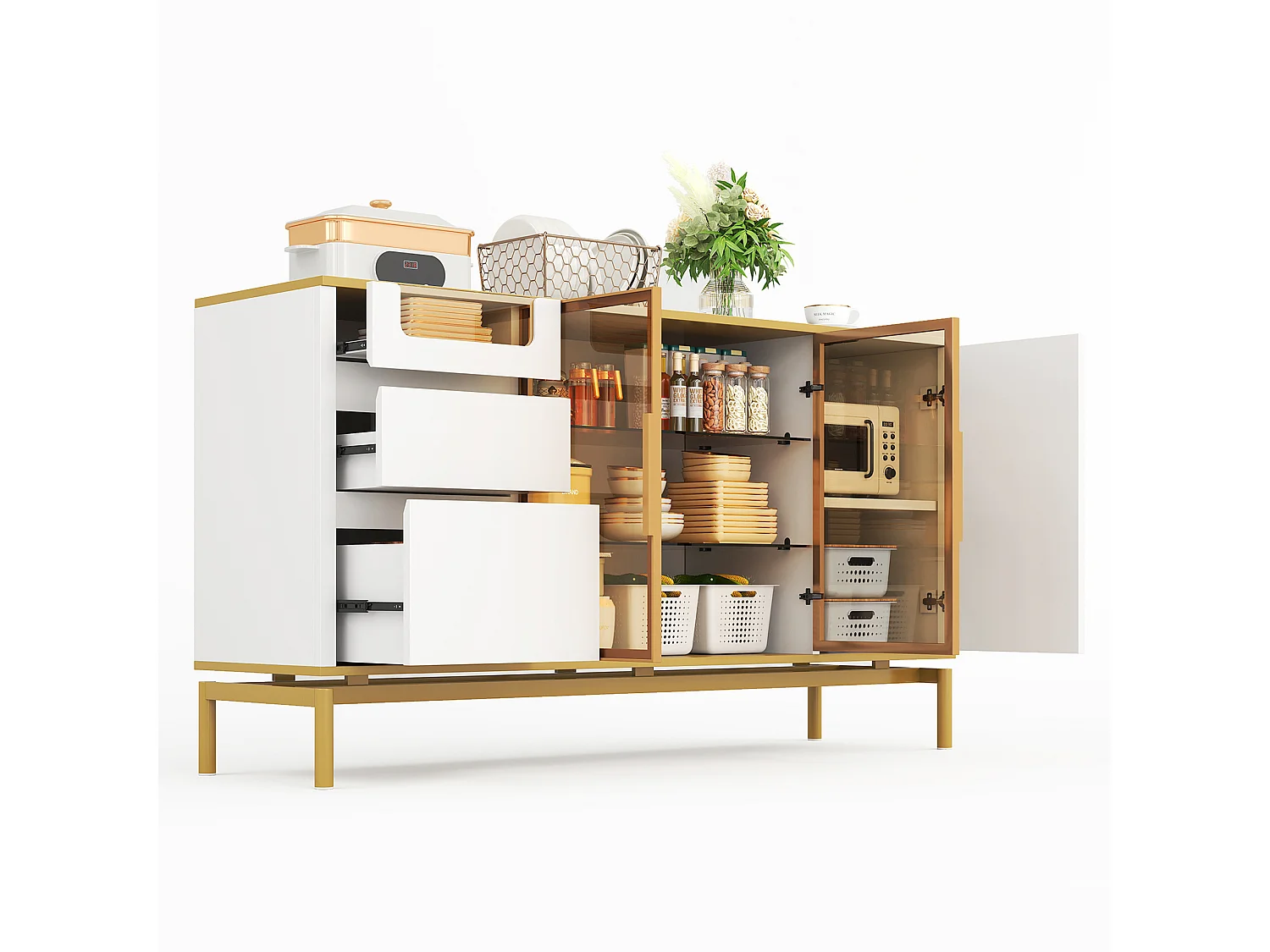 Buffet blanc 150x40x82cm avec 3 tiroirs, 2 portes en verre et 1 portes en MDF, plateau en placage marbre