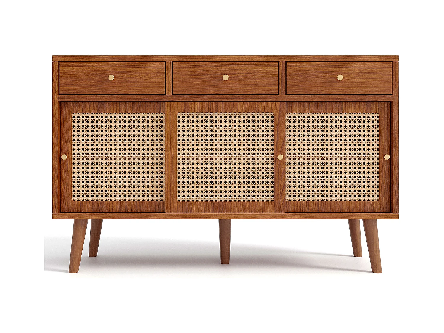 Buffet 120x40x78cm avec 3 tiroirs et 3 portes coulissants en rotin, corps en placage noyer