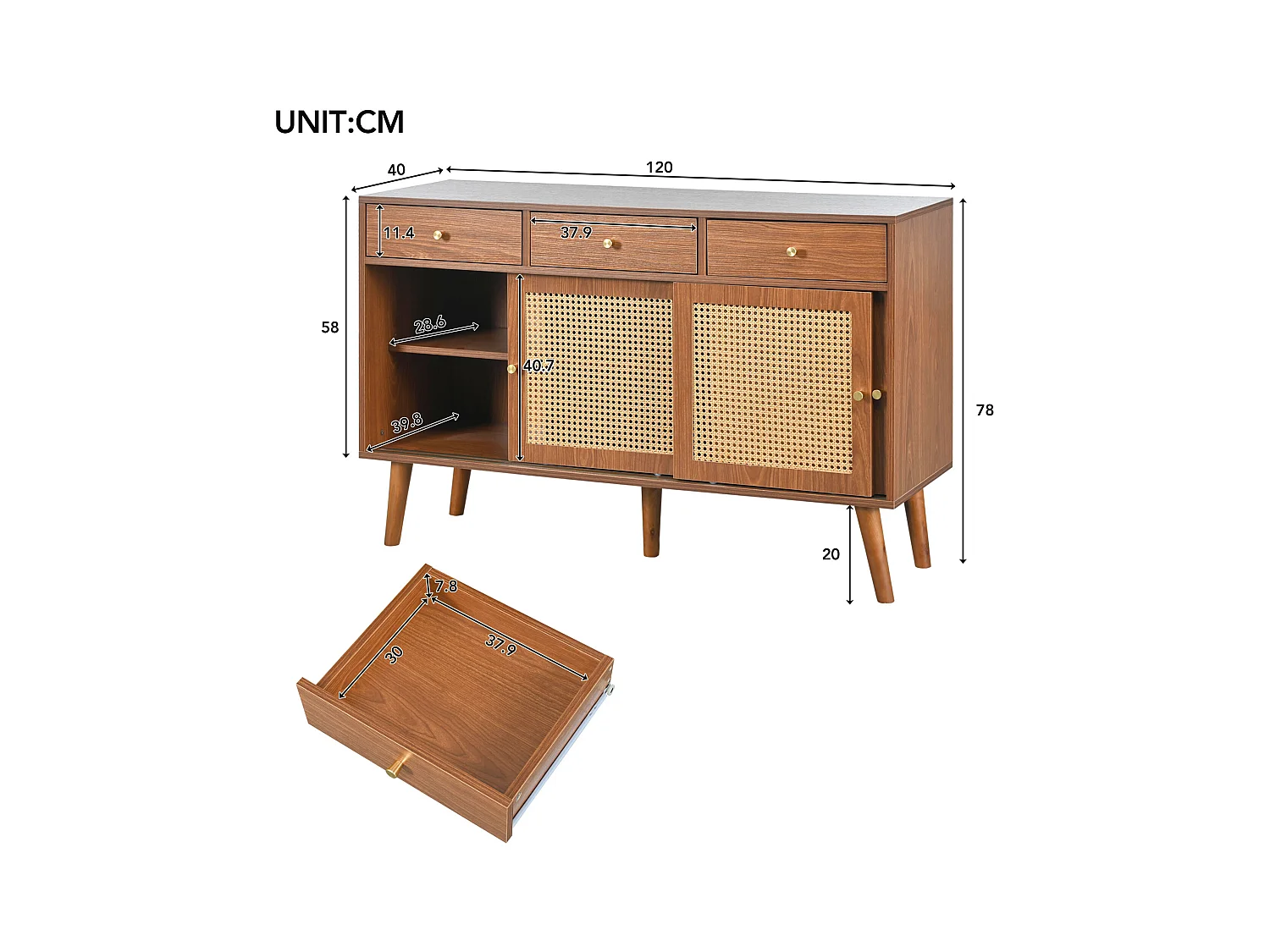 Buffet 120x40x78cm avec 3 tiroirs et 3 portes coulissants en rotin, corps en placage noyer