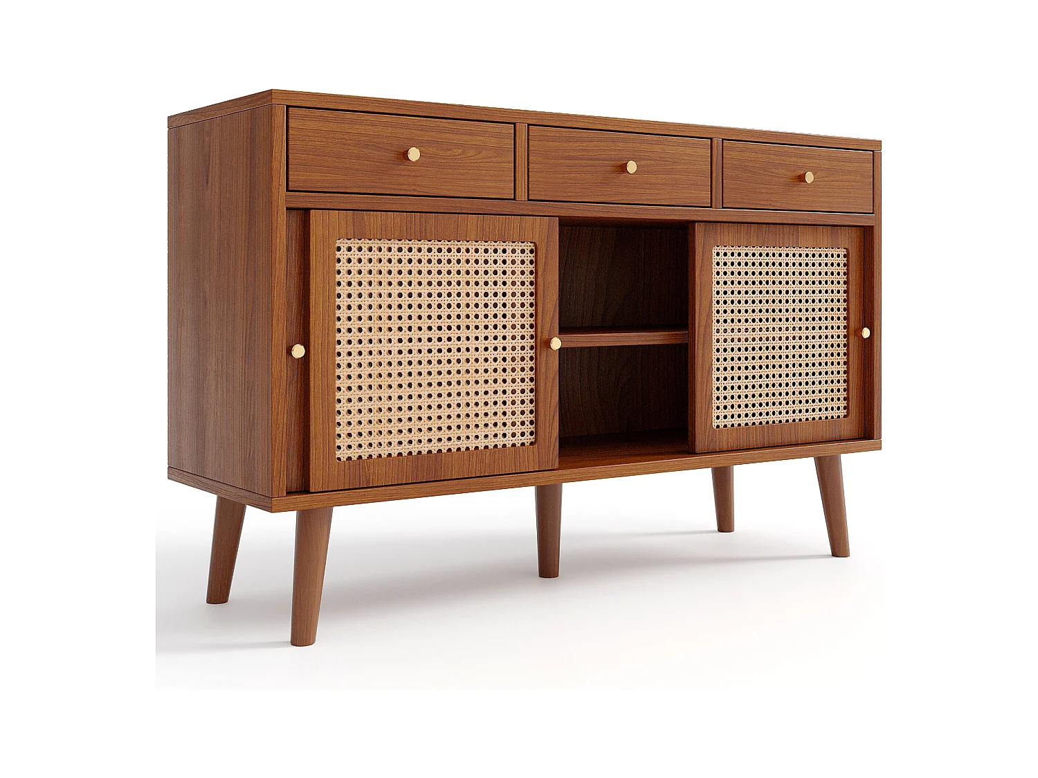 Buffet 120x40x78cm avec 3 tiroirs et 3 portes coulissants en rotin, corps en placage noyer