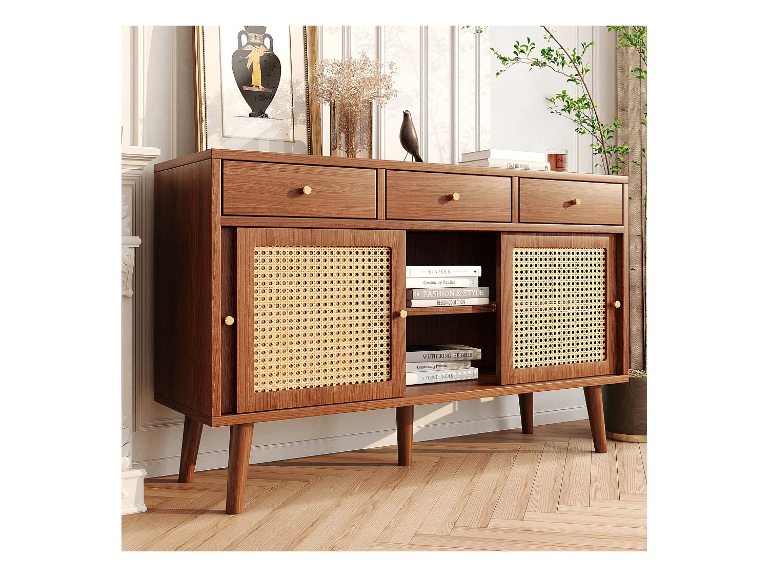 Buffet 120x40x78cm avec 3 tiroirs et 3 portes coulissants en rotin, corps en placage noyer