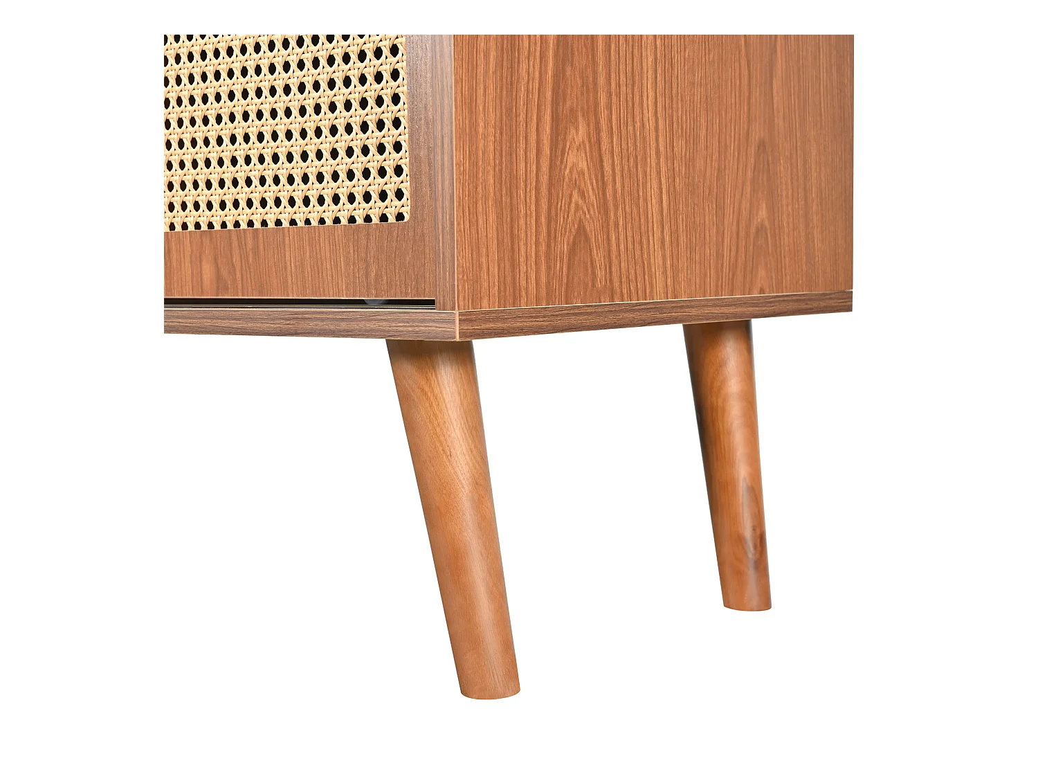 Buffet 120x40x78cm avec 3 tiroirs et 3 portes coulissants en rotin, corps en placage noyer