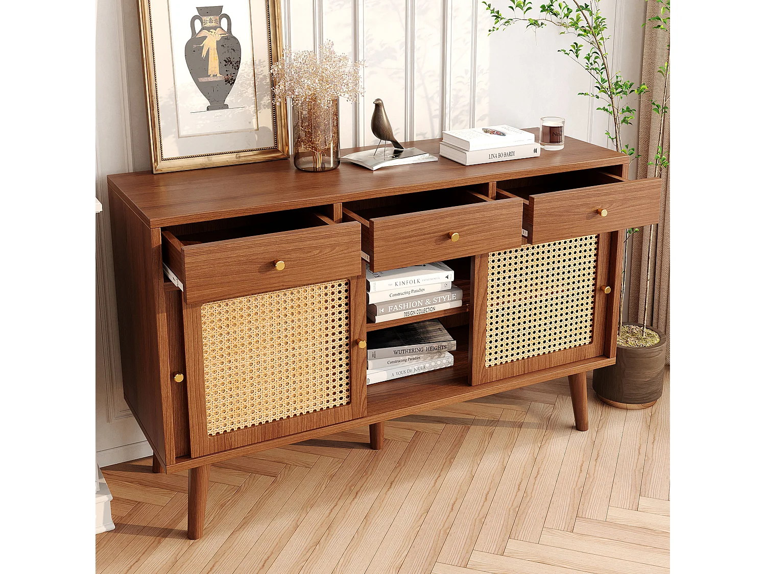 Buffet 120x40x78cm avec 3 tiroirs et 3 portes coulissants en rotin, corps en placage noyer
