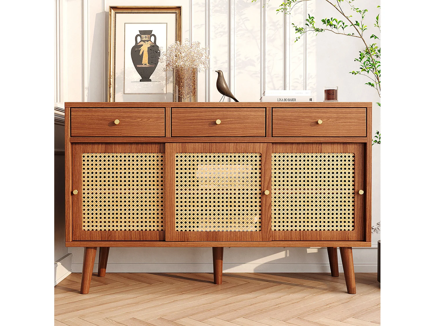 Buffet 120x40x78cm avec 3 tiroirs et 3 portes coulissants en rotin, corps en placage noyer