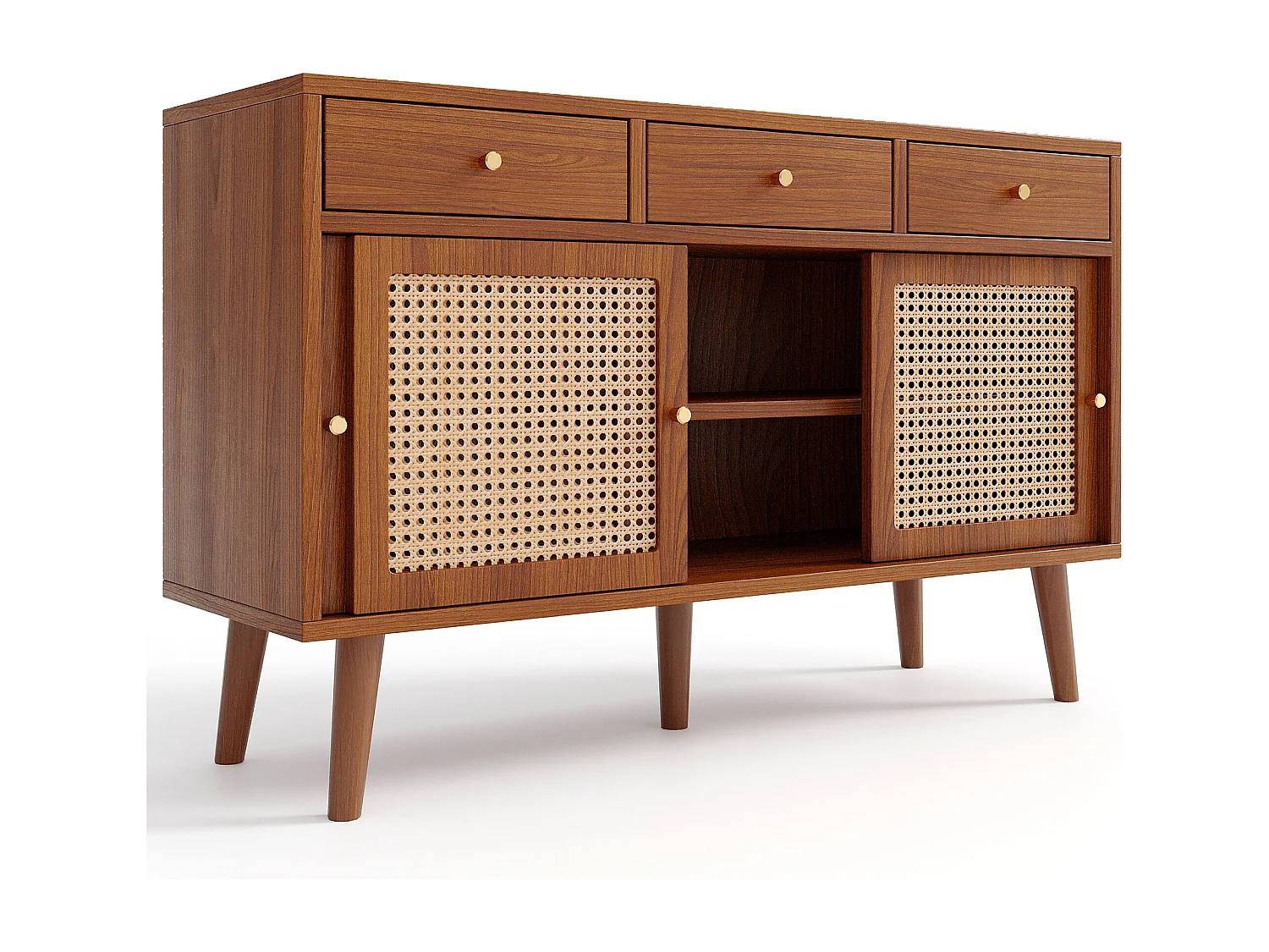 Buffet 120x40x78cm avec 3 tiroirs et 3 portes coulissants en rotin, corps en placage noyer