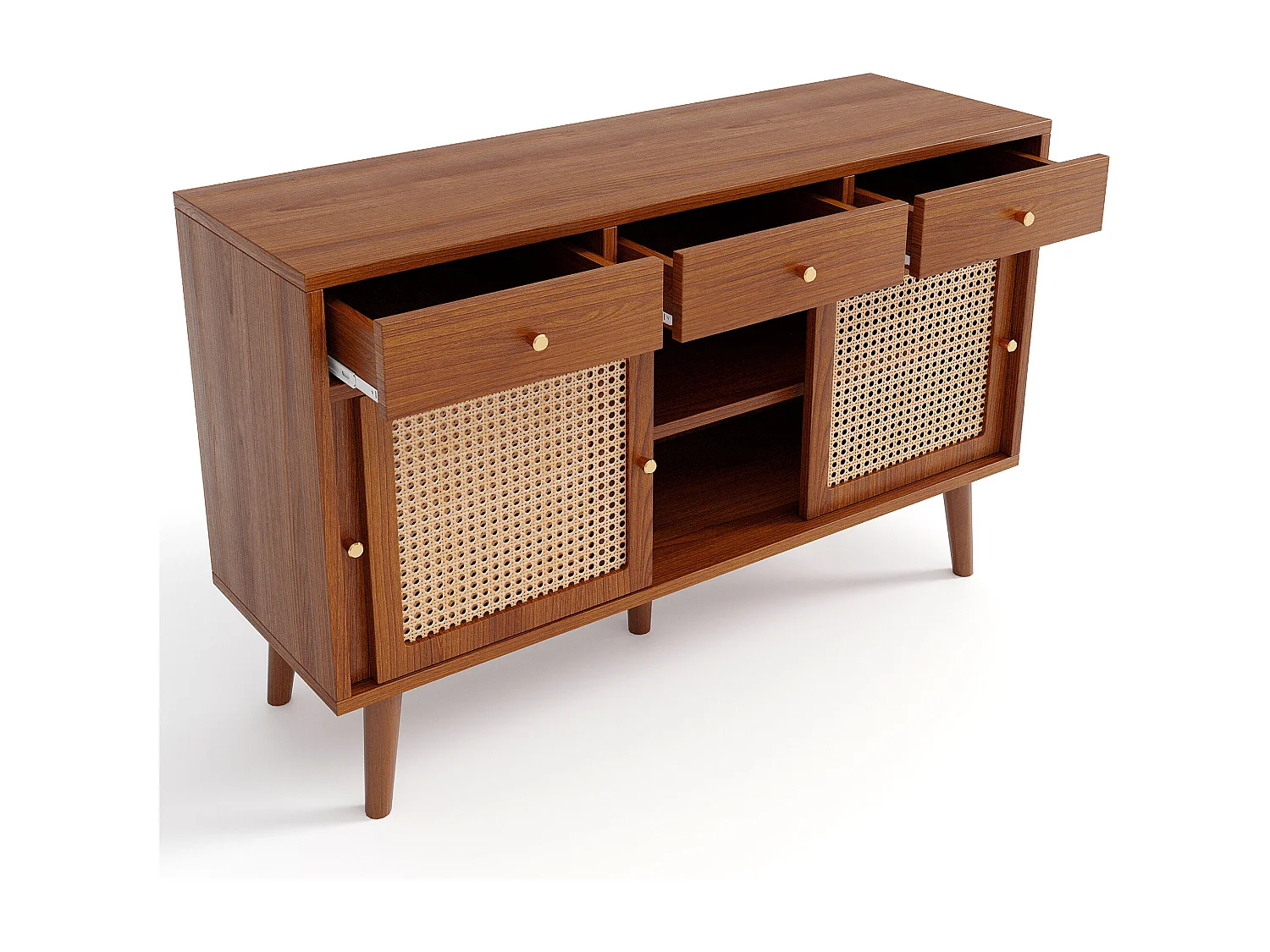 Buffet 120x40x78cm avec 3 tiroirs et 3 portes coulissants en rotin, corps en placage noyer