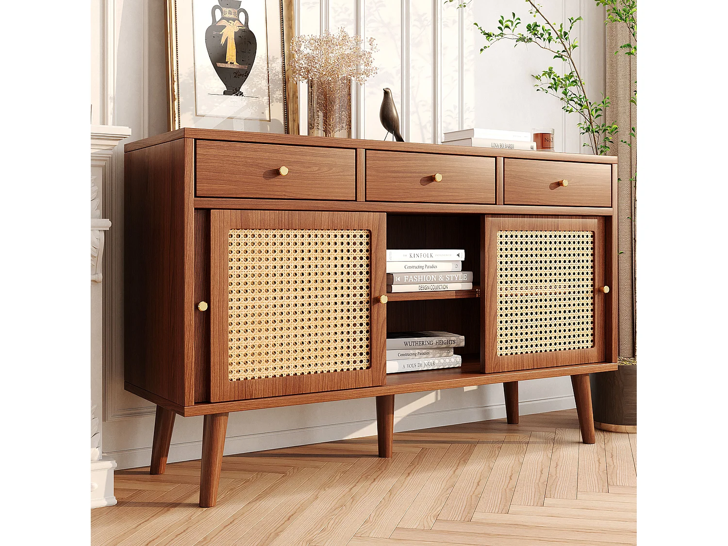 Buffet 120x40x78cm avec 3 tiroirs et 3 portes coulissants en rotin, corps en placage noyer