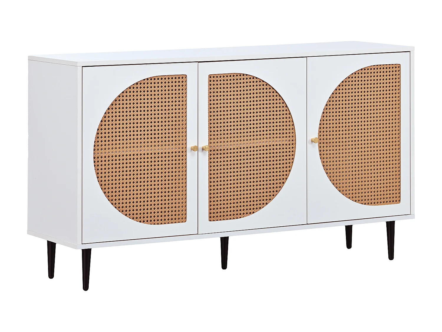 Buffet 129.8x40x76cm avec 3 portes en rotin, corps blanc et pieds noir