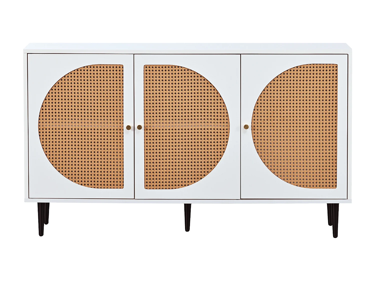 Buffet 129.8x40x76cm avec 3 portes en rotin, corps blanc et pieds noir