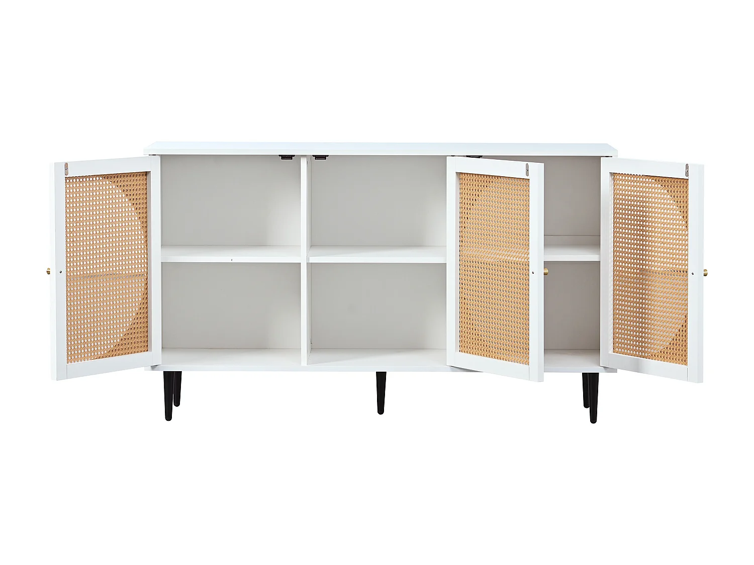 Buffet 129.8x40x76cm avec 3 portes en rotin, corps blanc et pieds noir