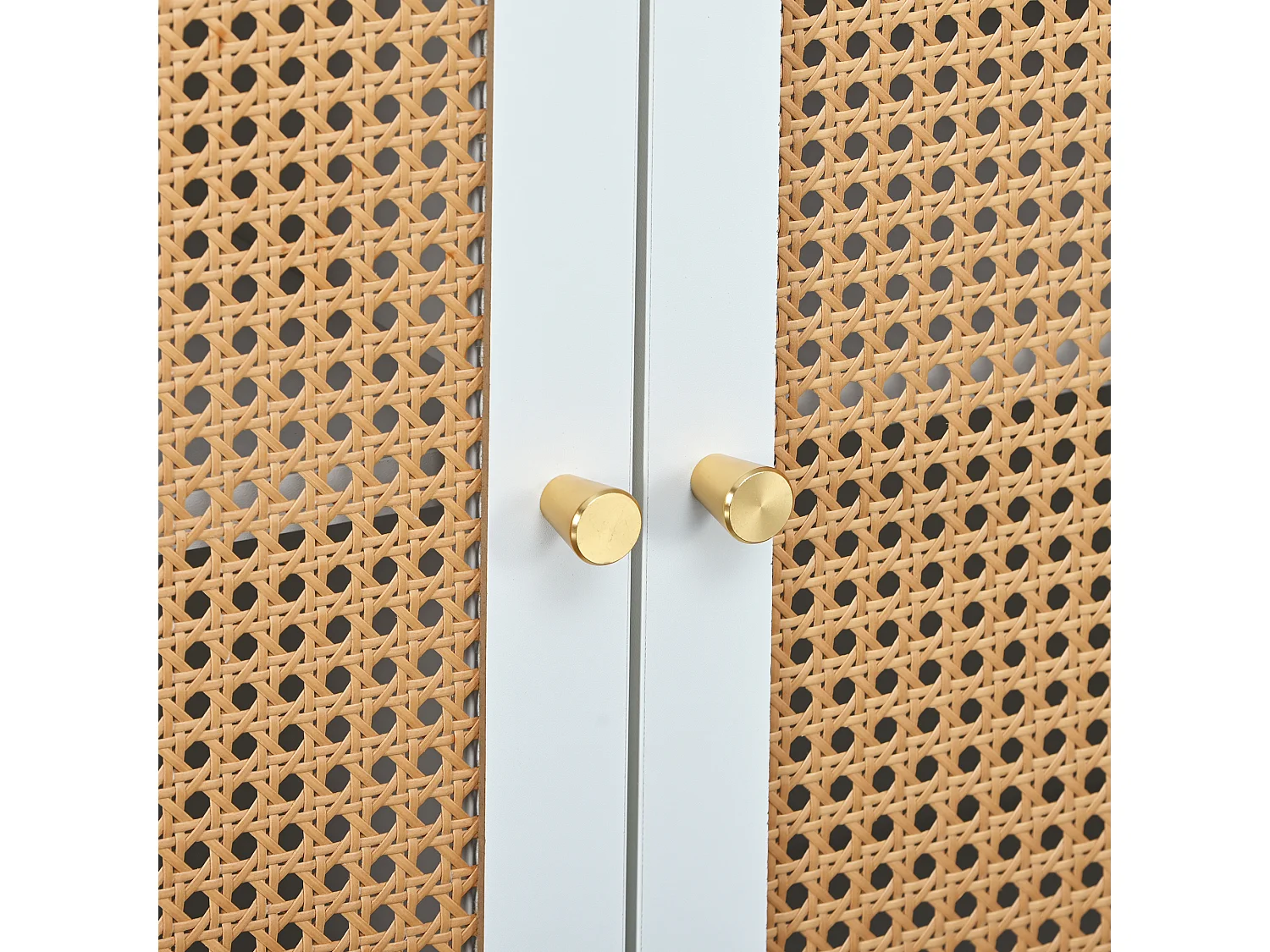 Buffet 129.8x40x76cm avec 3 portes en rotin, corps blanc et pieds noir